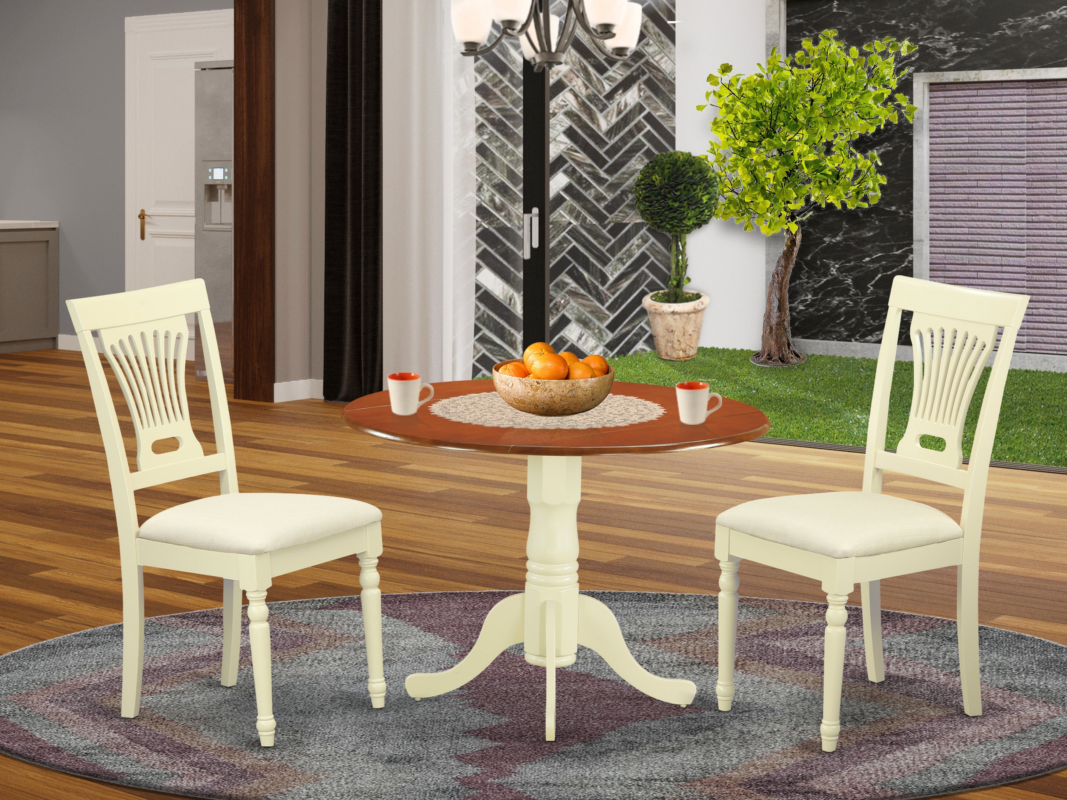 DLPL3-BMK-C 3 PC Kitchen Table set-Dining Table and 2 Wooden Kitchen Chairs in Buttermilk and Cherry