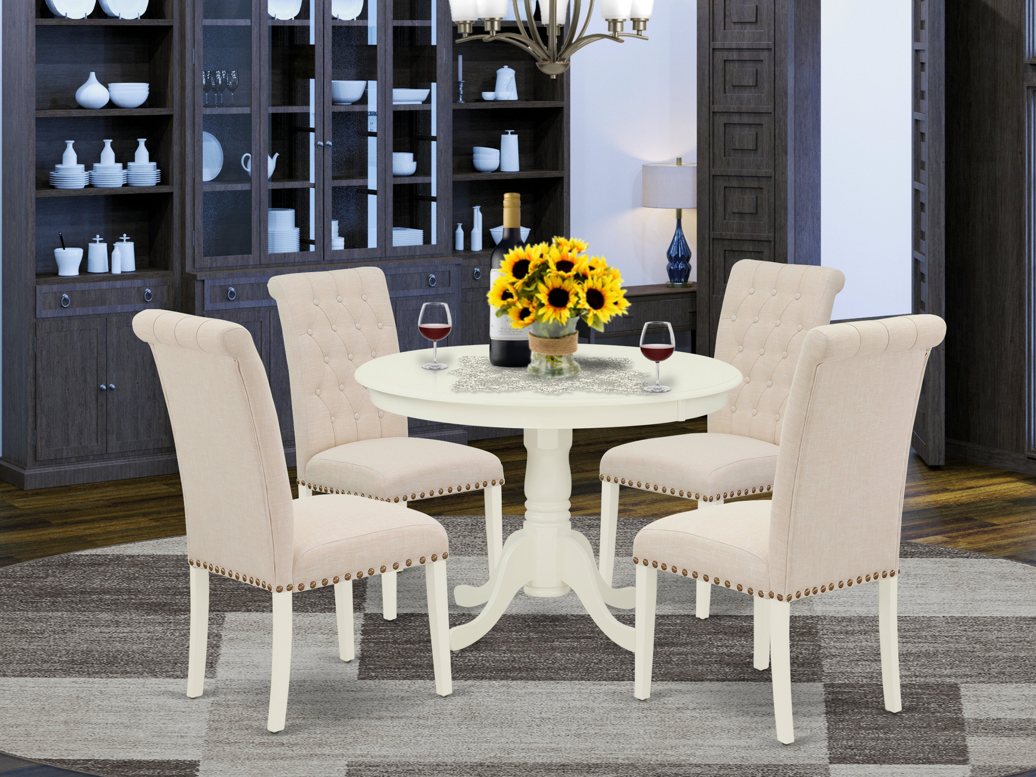 HLBR5-LWH-02 5Pc Dining Set Includes a Round Dinette Table and Four Parson Chairs with Light Beige Fabric, Linen White Finish