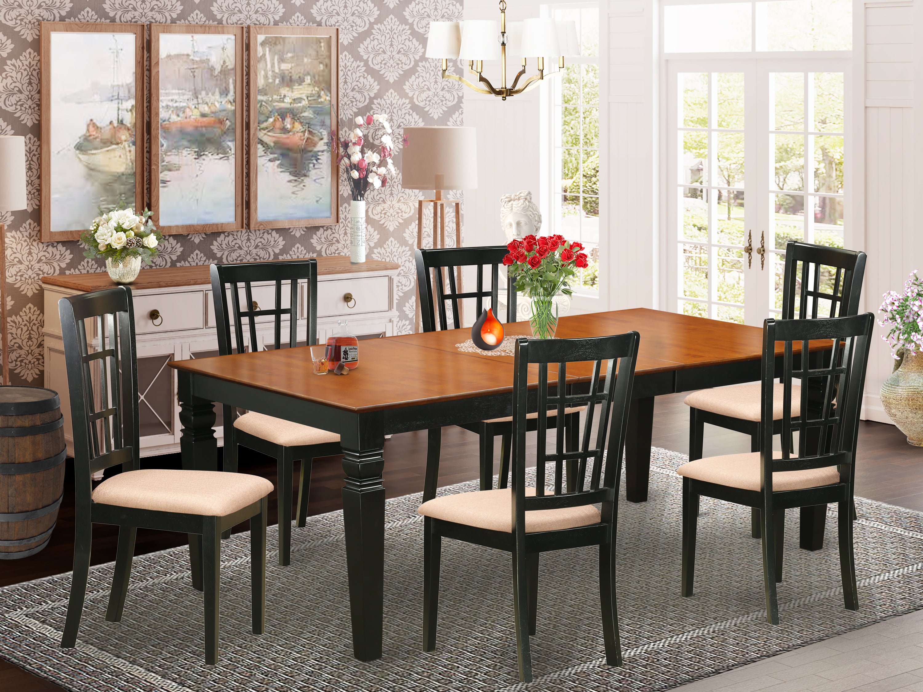 LGNI7-BCH-C 7 Pc dinette set with a Dining Table and 6 Dining Chairs in Black and Cherry