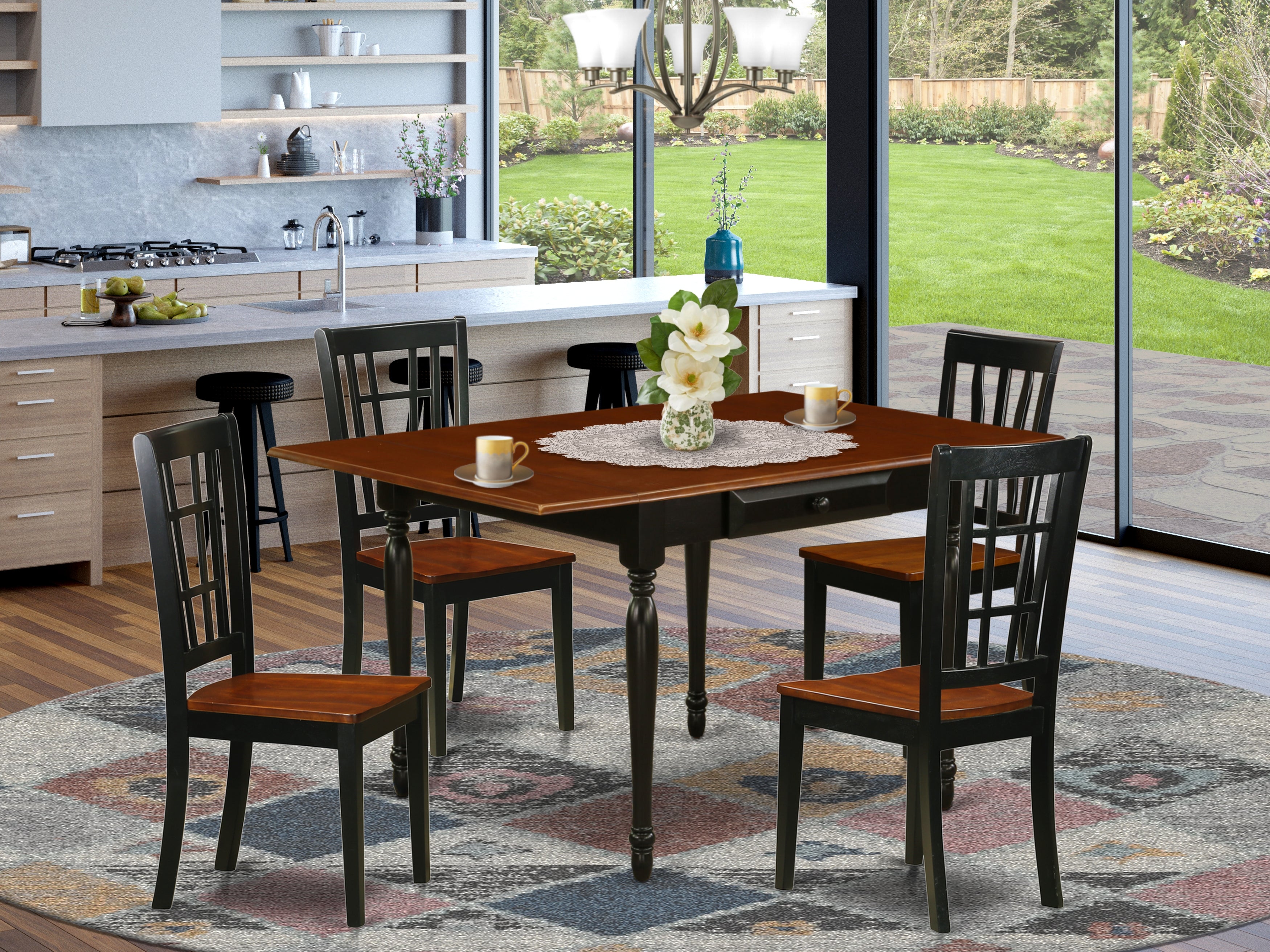 East West Furniture MZNI5-BCH-W 5 Pieces Dining Room set - Strong Drop Leaf Wooden Dining Table and 4 Wooden Seat Dinette Chairs, Black and Cherry Finish