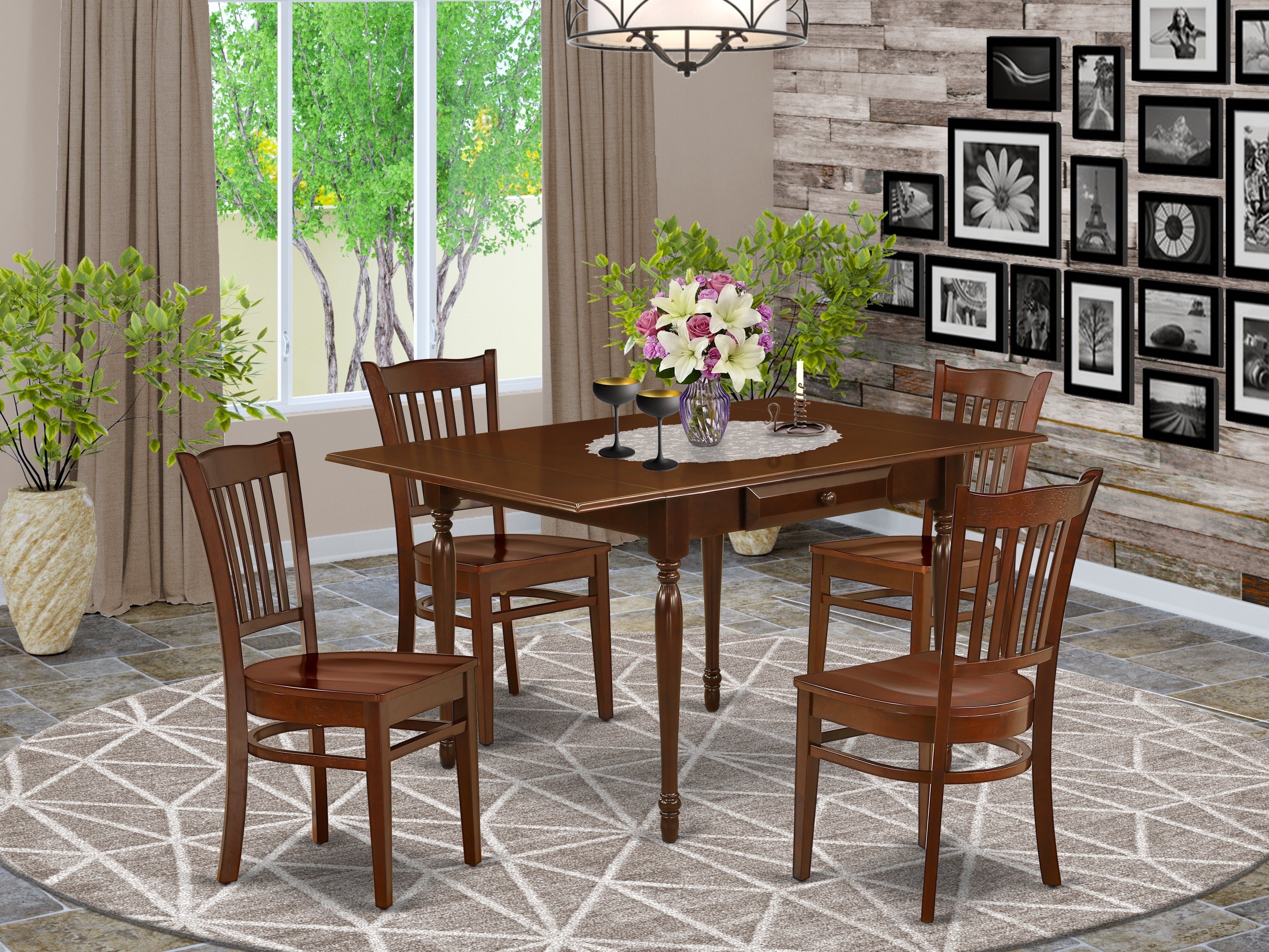 East West Furniture MZGR5-MAH-W 5 Pieces Dining set - Durable Two 9-Inch Drop Down Leaves Solid Wood Kitchen Table and 4 Solid Wood Seat Modern Dining Chairs, Mahogany Finish