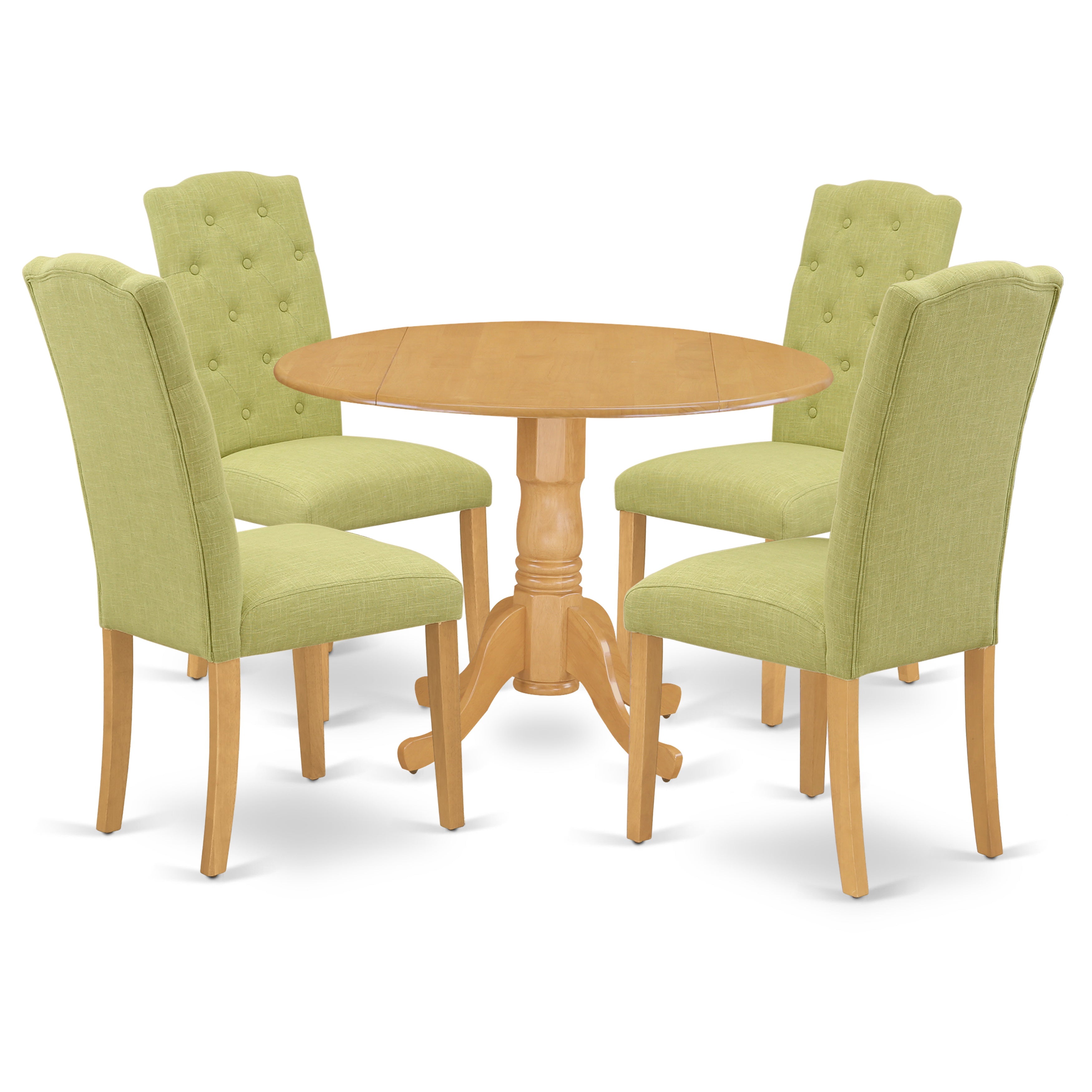 DLCE5-OAK-07 5Pc Dining Set Includes a Small Round Dinette Table with Drop Leaves and Four Parson Chairs with Lime Green Fabric, Oak Finish
