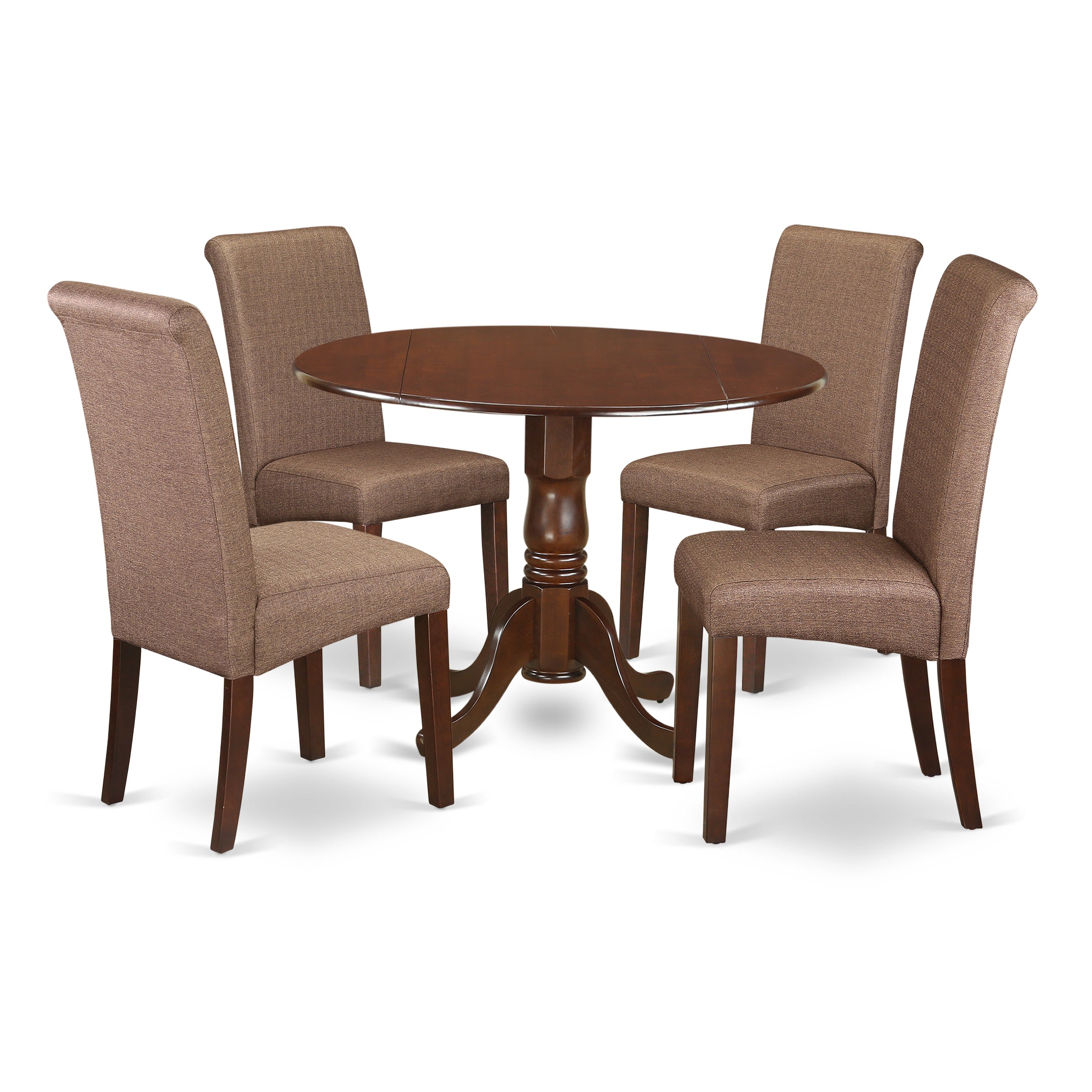 DLBA5-MAH-18 5Pc Small Round table with linen brown fabric Parson chairs with mahogany chair legs