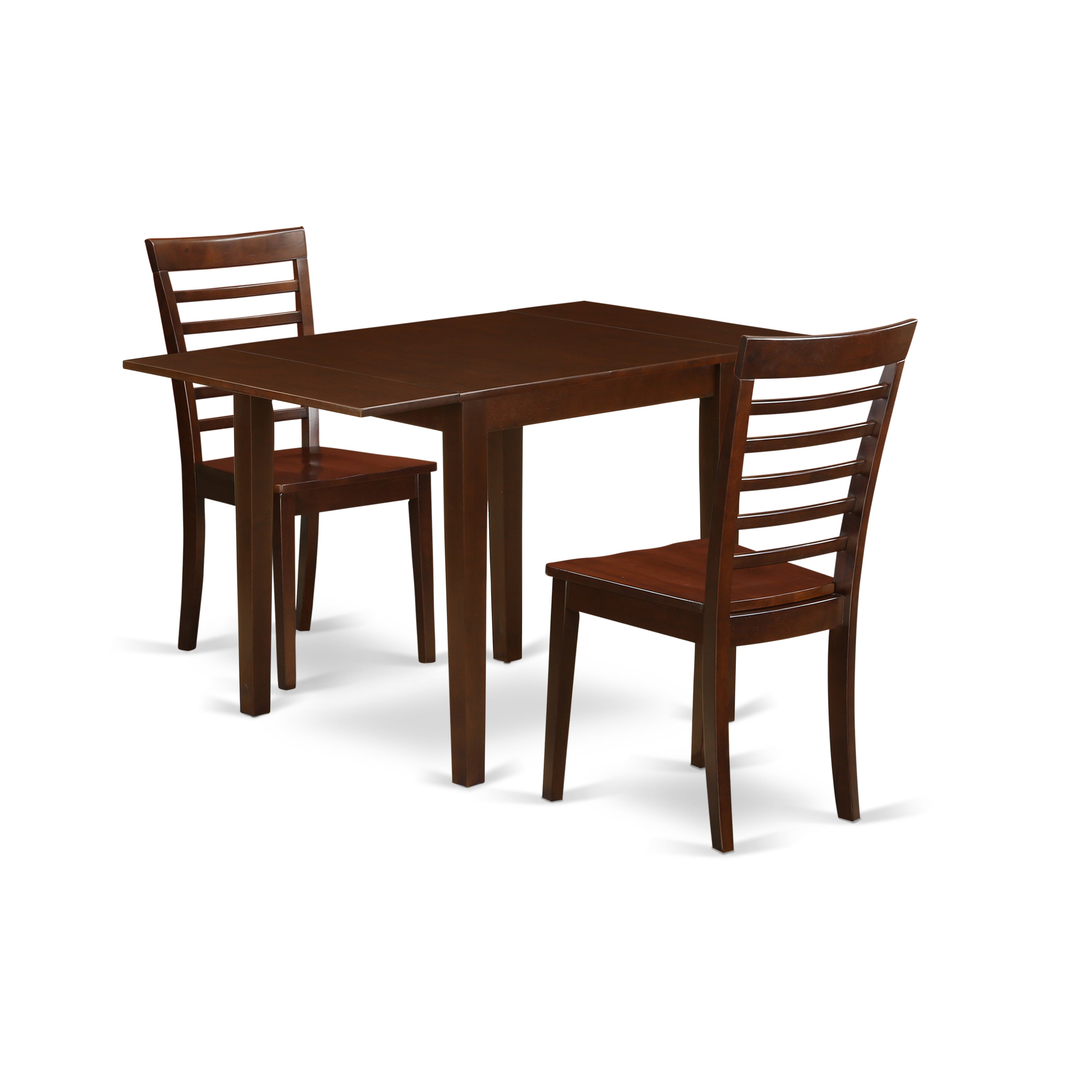 East West Furniture NDML3-MAH-W 3Pc Dining Set Offers a Dining Table and 2 Wooden Dining Chairs with Asian Hardwood Seat and Ladder Back, Mahogany Finish