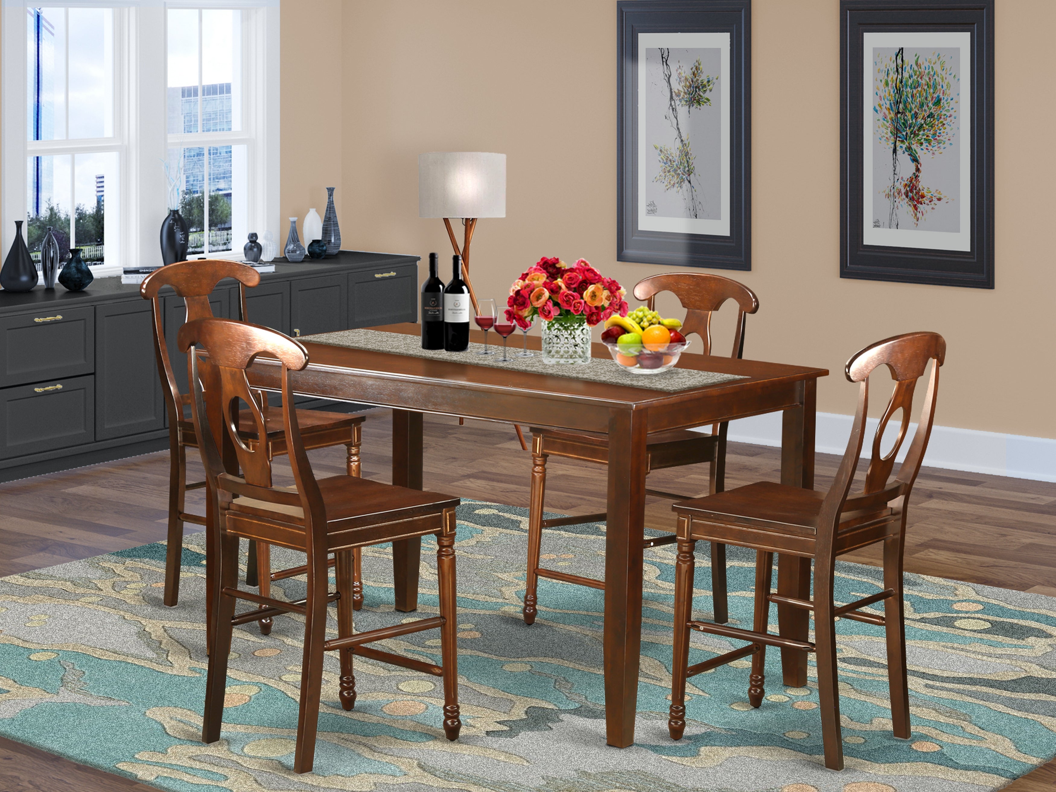 DUKE5H-MAH-W 5 Pc counter height set-pub Table and 4 Dining Chairs.