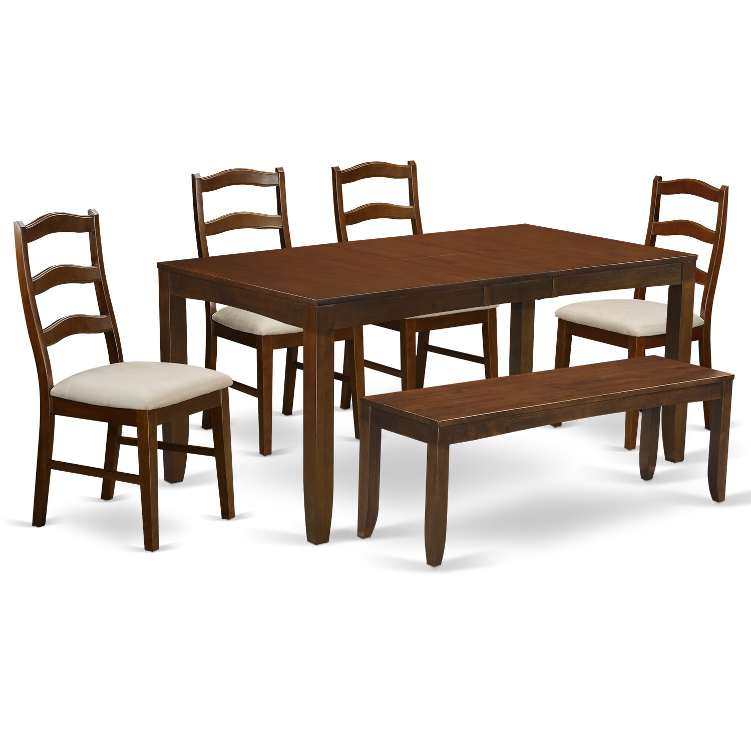 LYHE6-ESP-C 6 Pc set Dining Table with a 12in Leaf and 4 Padded Seat Chairs Plus Bench