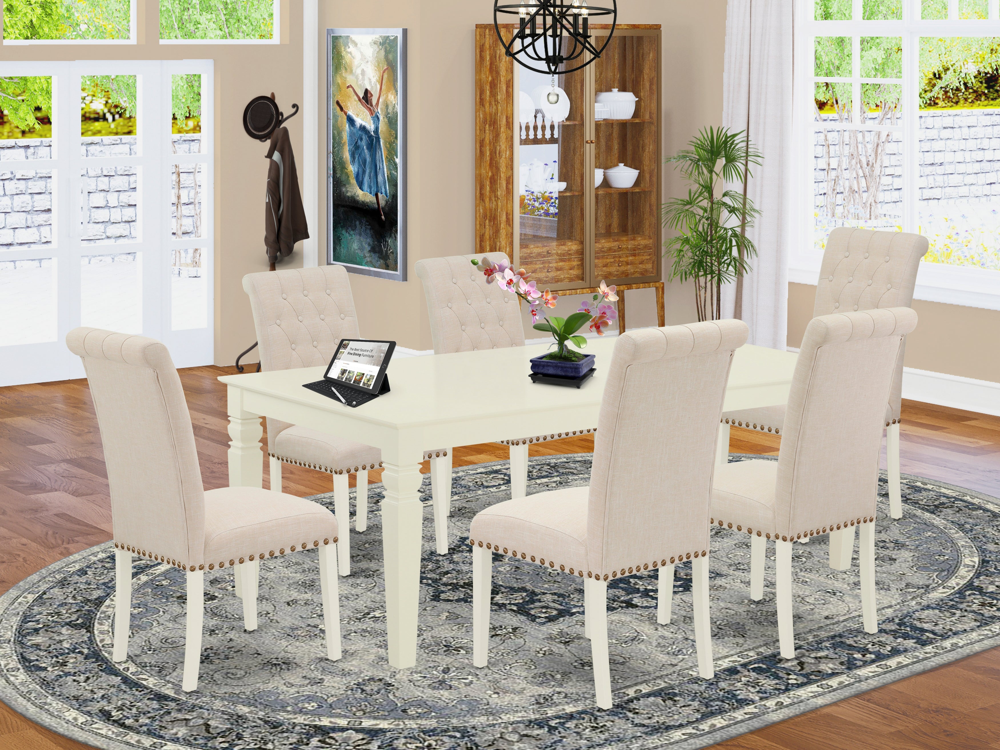 LGBR7-LWH-02 7Pc Dinette Set Includes a Rectangular Kitchen Table with Butterfly Leaf and Six Parson Chairs with Light Beige Fabric, Linen White Finish