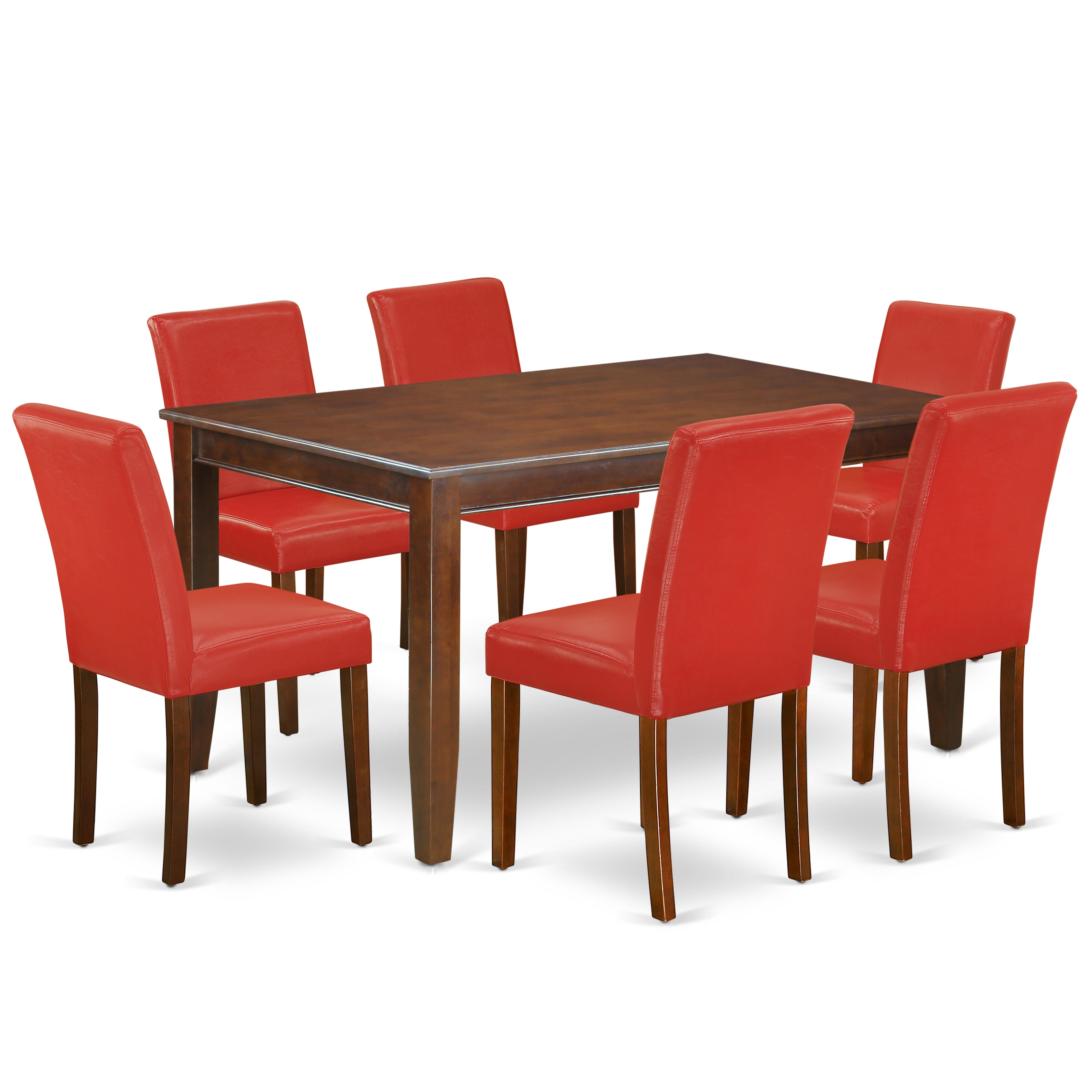 DUAB7-MAH-72 7Pc Rectangular 60 Inch Dining Table And Six Parson Chair With Mahogany Leg And Pu Leather Color Firebrick Red