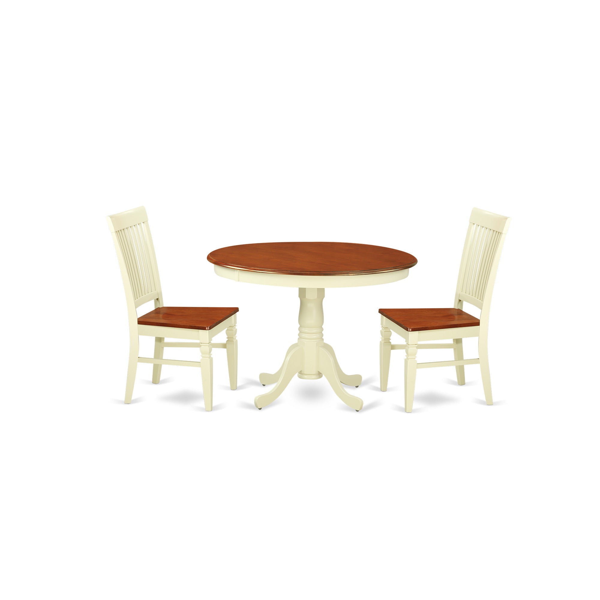 HLWE3-BMK-W 3 Pc Kitchen table set with a Kitchen Table and 2 Wood Seat Dining Chairs in Buttermilk and Cherry