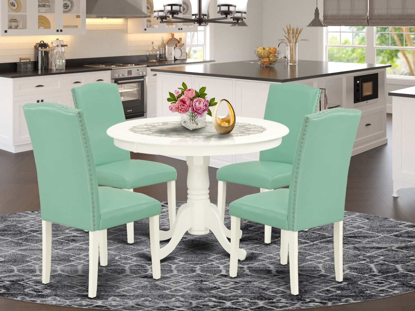 HLEN5-LWH-57 5Pc Round 42 Inch Dinette Table And Four Parson Chair With Linen White Leg And Pu Leather Color Pond
