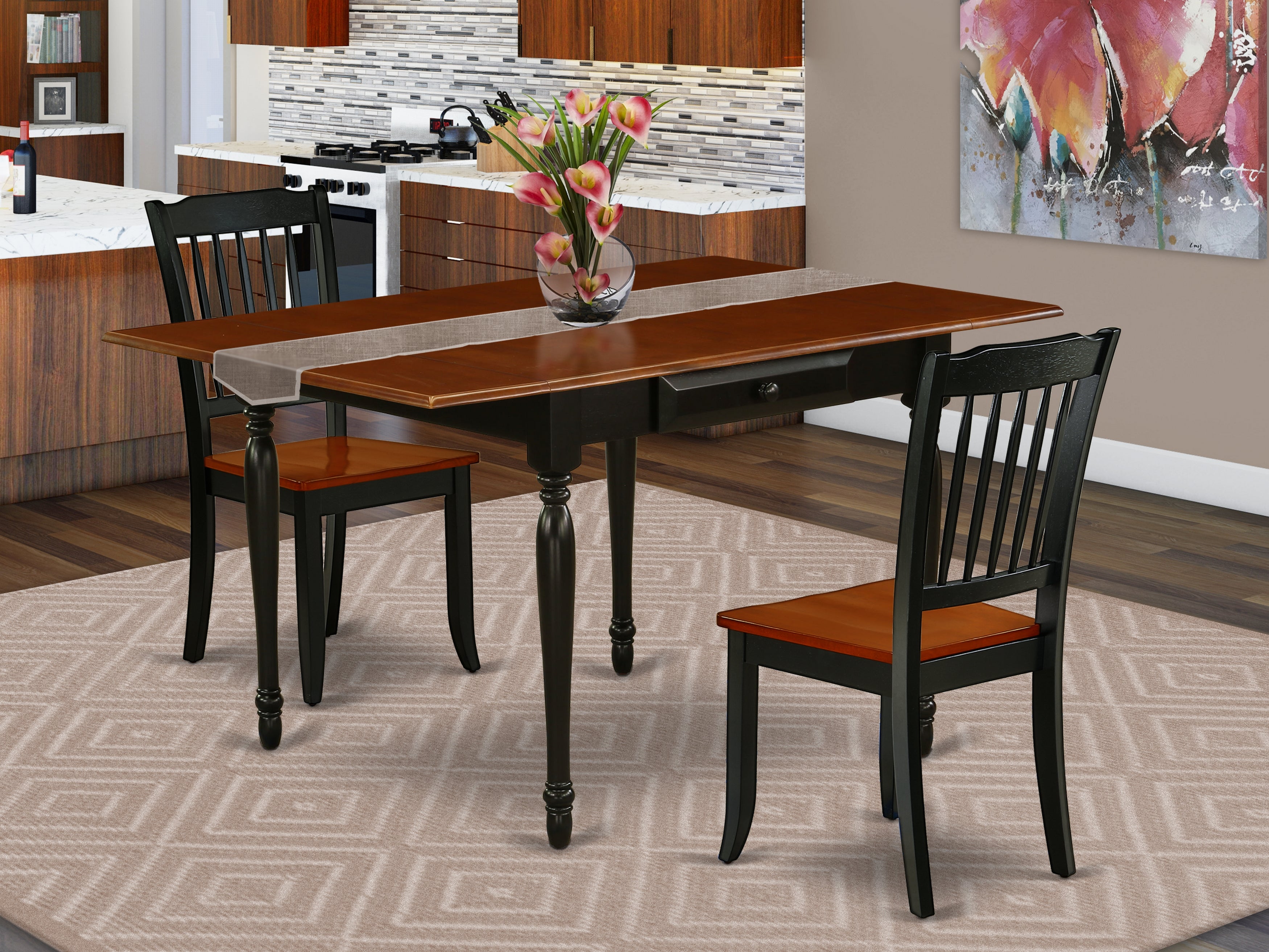 East West Furniture MZDA3-BCH-W 3Pc Dining Table Set Includes a Dining Table and 2 Wooden Dining Chairs with Solid Wood Seat, Drop Leaf Table with Slat Back Chairs, Black and Cherry Finish