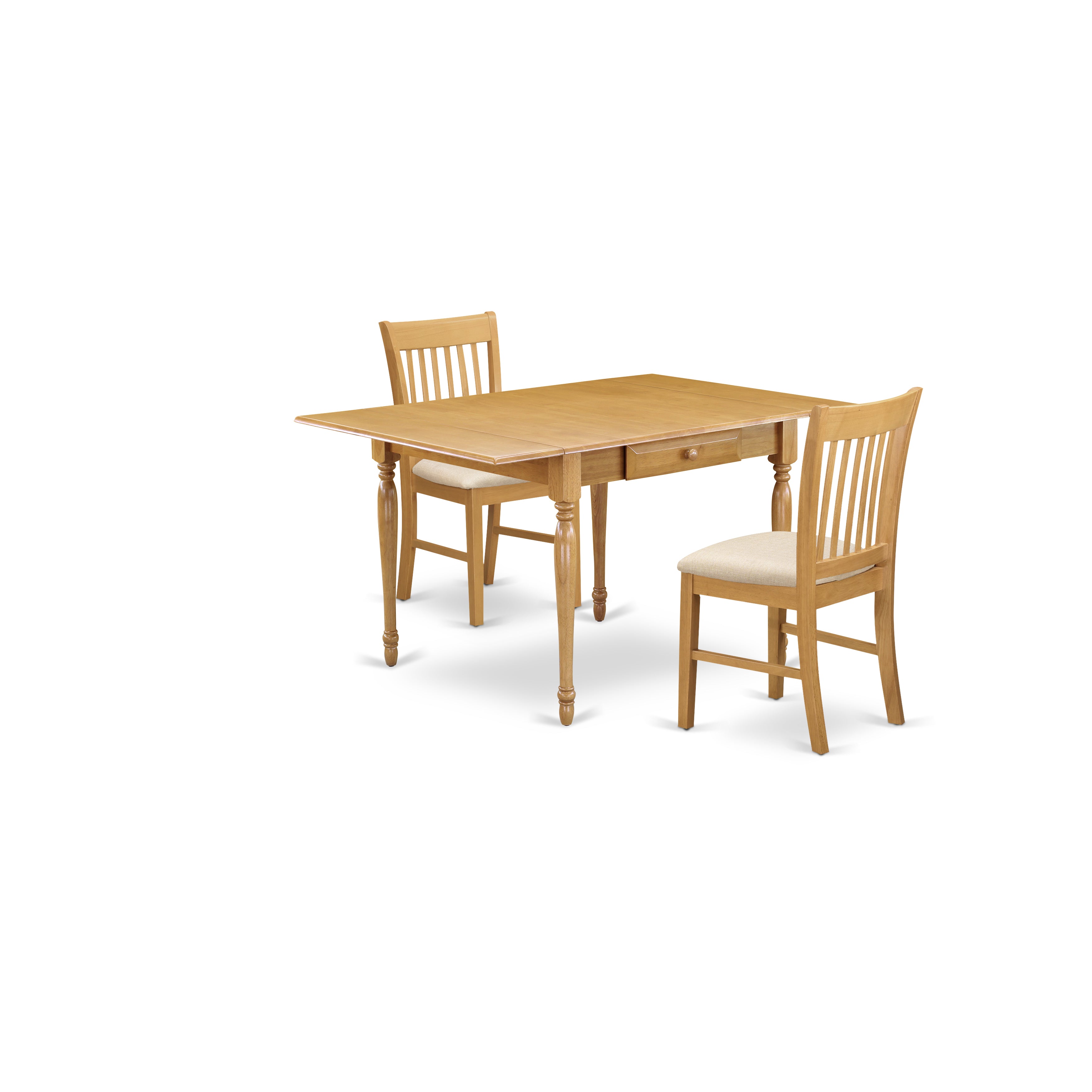 East West Furniture MZNO3-OAK-C 3 Pieces Kitchen Table set - Robust Two 9-Inch Drop Down Leaves Solid Wood Dining Table and 2 Microfiber Upholstery Seat Wooden Chairs, Oak Finish