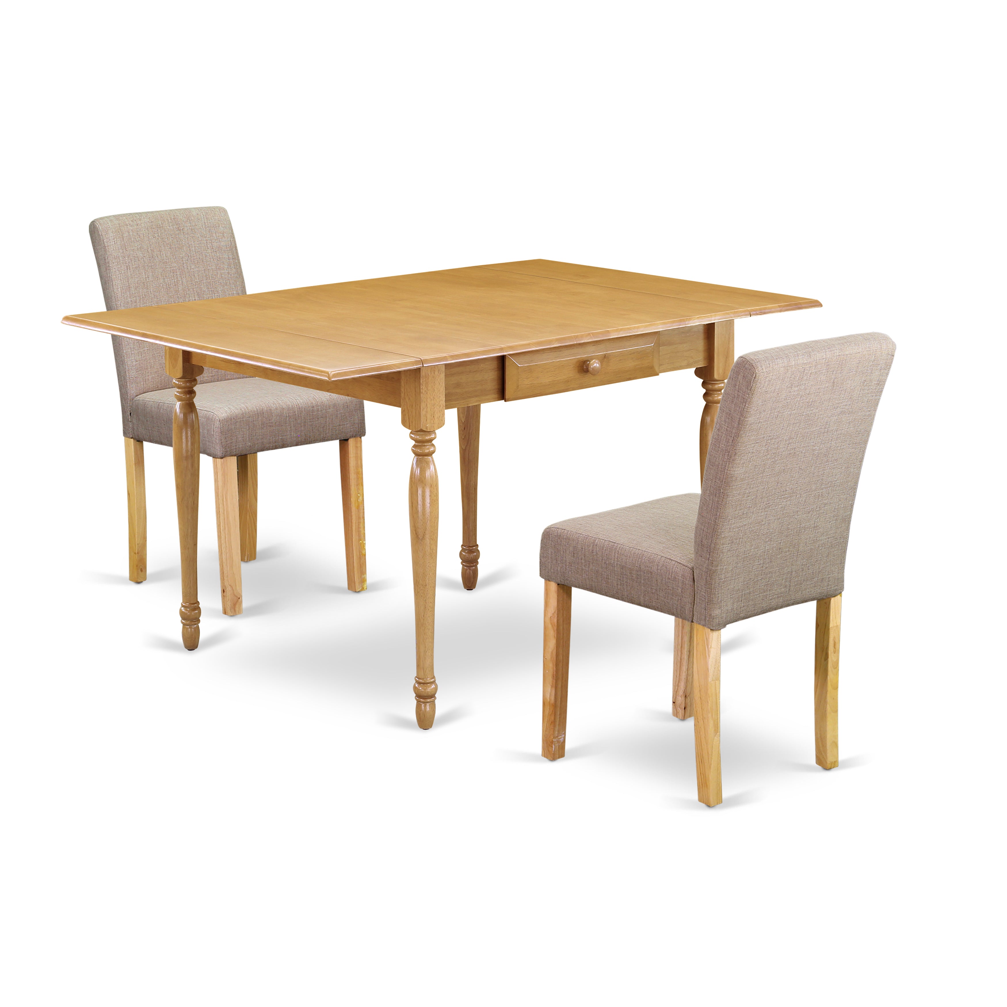 East West Furniture MZAB3-OAK-04 3Pc Dinette Set Contains a Small Dining Table and 2 Parsons Dining Chairs with Light Fawn Color Linen Fabric, Drop Leaf Table with Full Back Chairs, Oak Finish