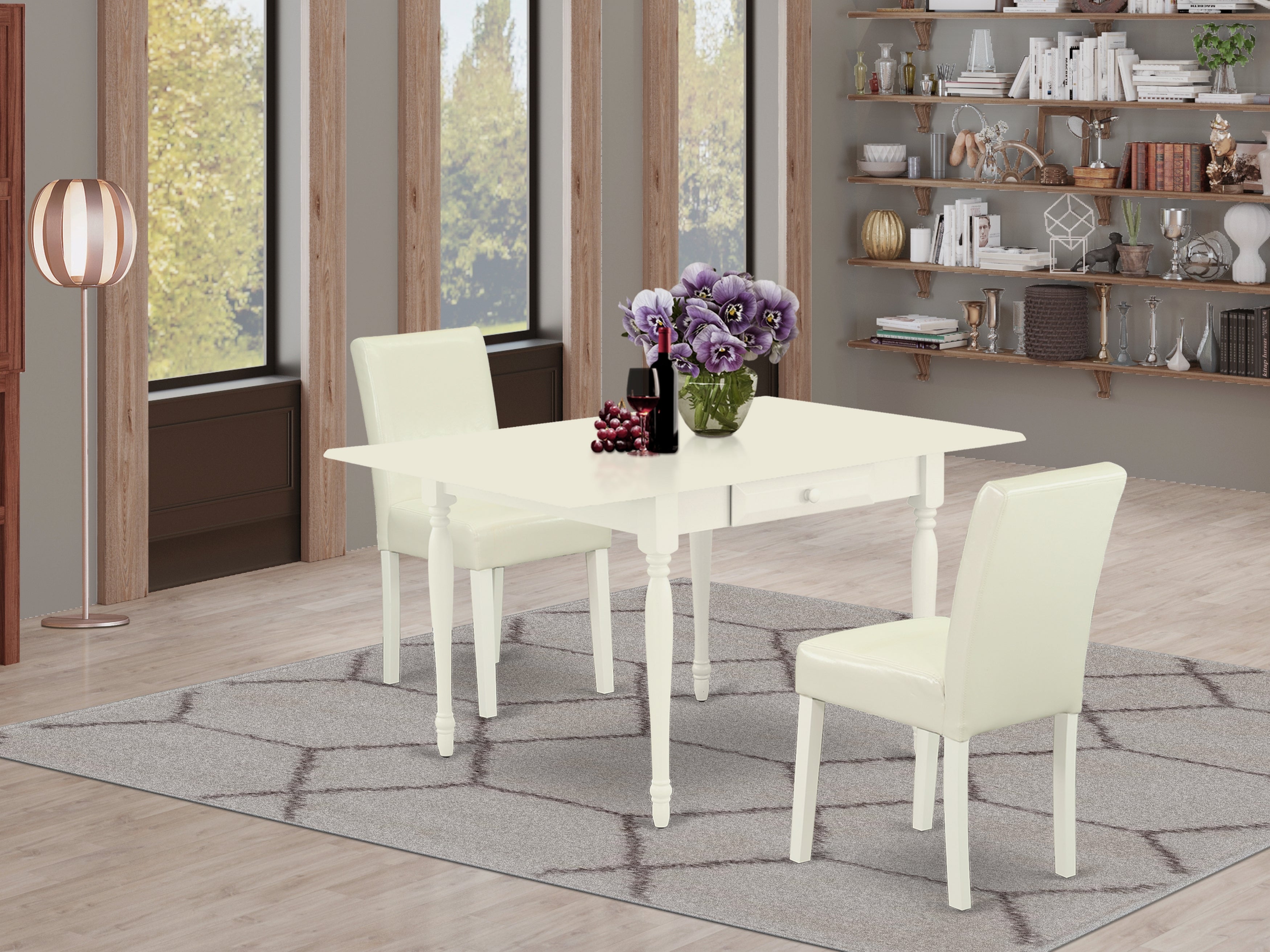 East West Furniture MZAB3-LWH-64 3Pc Dining Table Set for 2 Includes a Small Dining Table and 2 Parsons Chairs with White Color PU Leather, Drop Leaf Table with Full Back Chairs, Linen White Finish