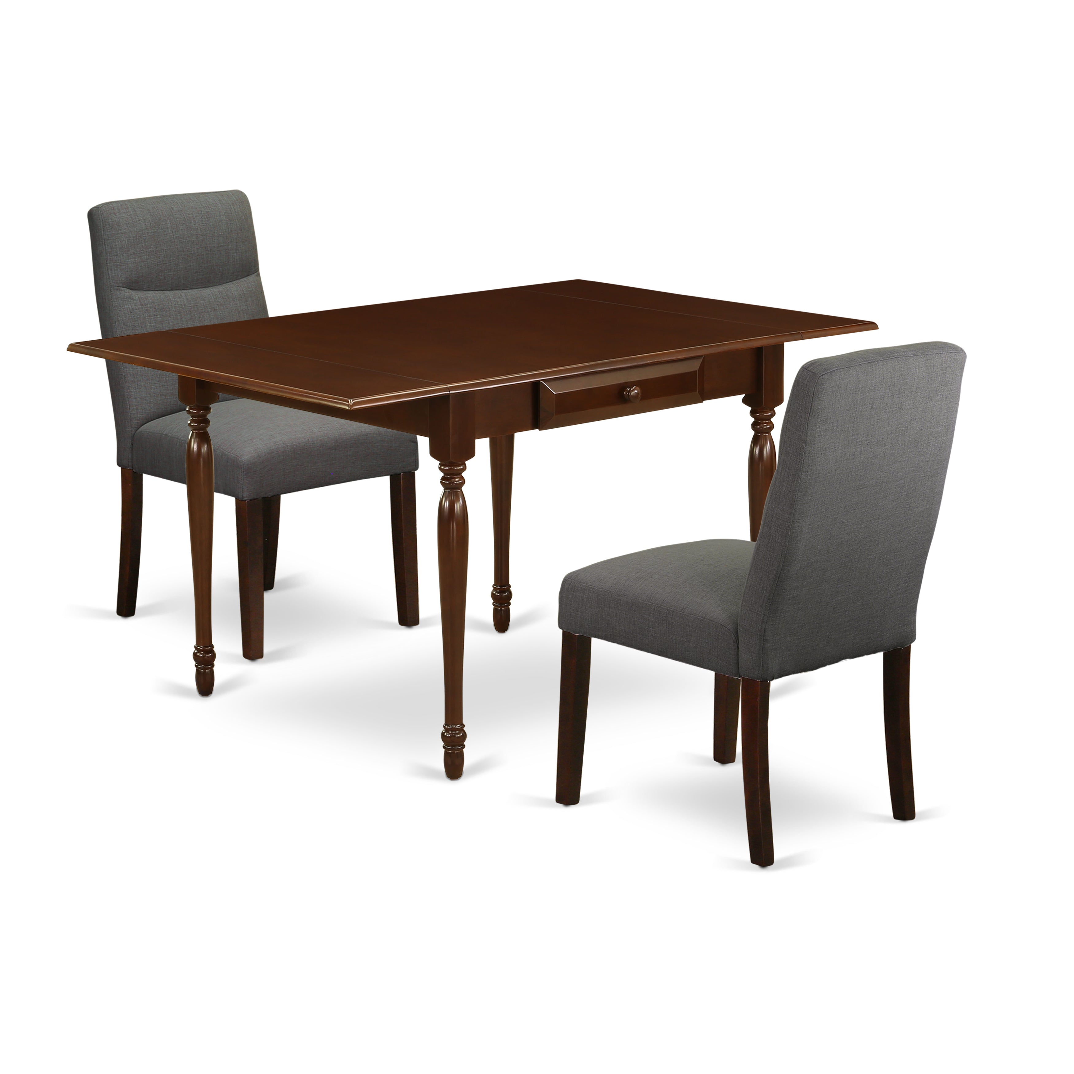 East West Furniture MZBE3-MAH-06 3Pc Dining Room Table Set Includes a Small Kitchen Table and 2 Upholstered Dining Chairs with Shitake Color Linen Fabric, Drop Leaf Table with Full Back Chairs, Mahogany Finish