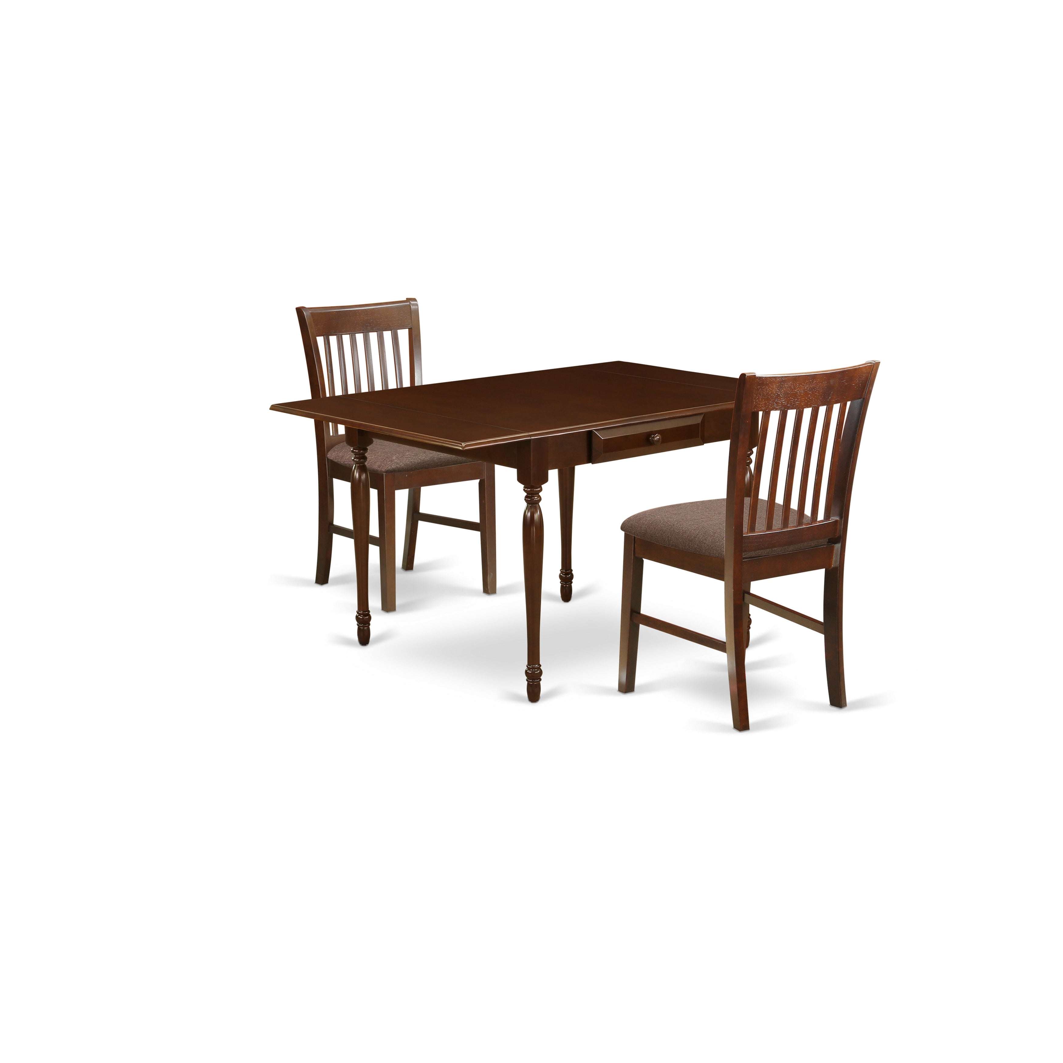 East West Furniture MZNO3-MAH-C 3 Pieces Dining Room Table set - Strong Two 9-Inch Drop Down Leaves Solid Wood Dining Table and 2 Chocolate Microfiber Upholstery Seat Kitchen Dining Chairs, Mahogany Finish