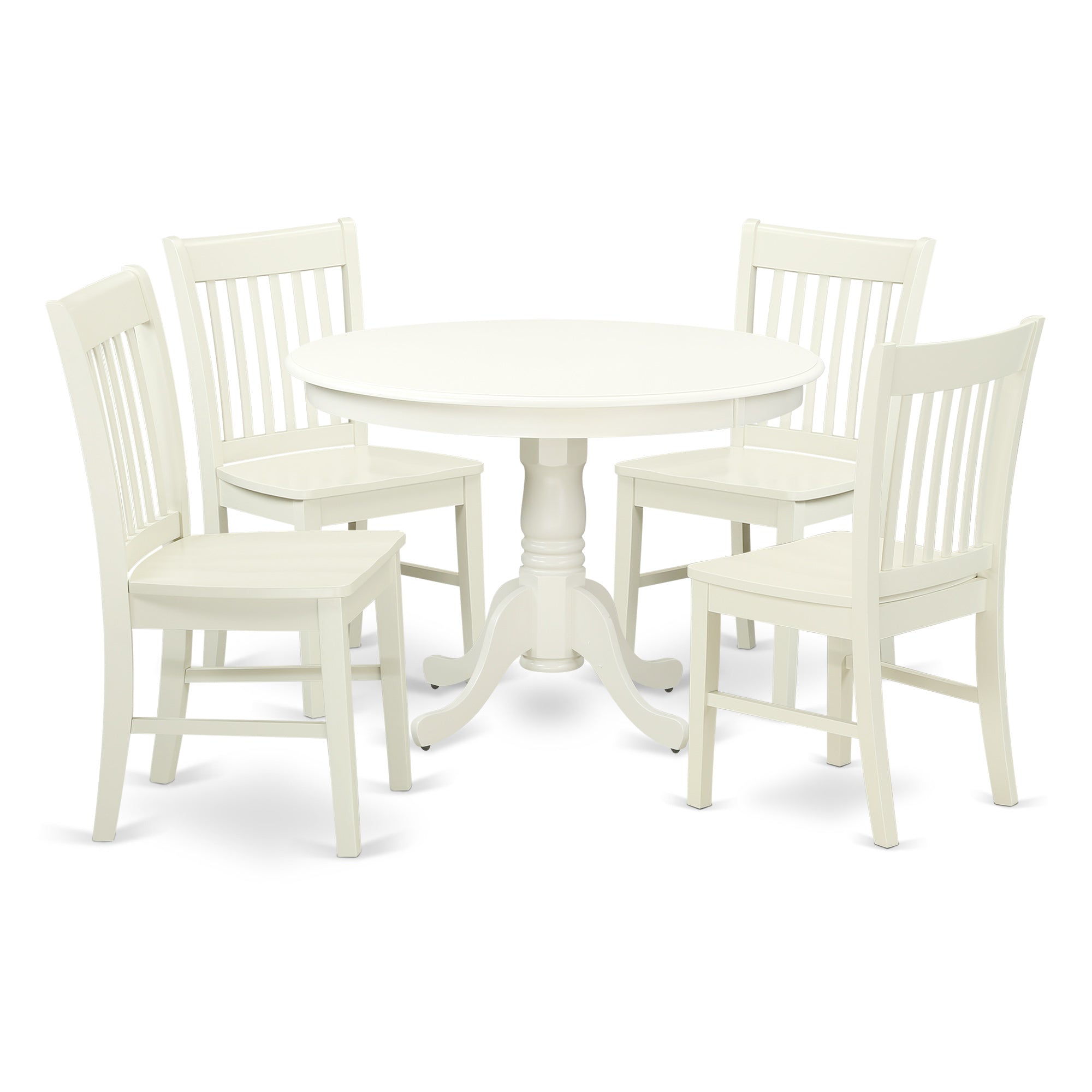 HLNO5-LWH-W 5 Piece Hartland Set With One Round 42in Dinette Table And 4 Dinette Chairs With Wood Seat In A warm Linen White Finish.