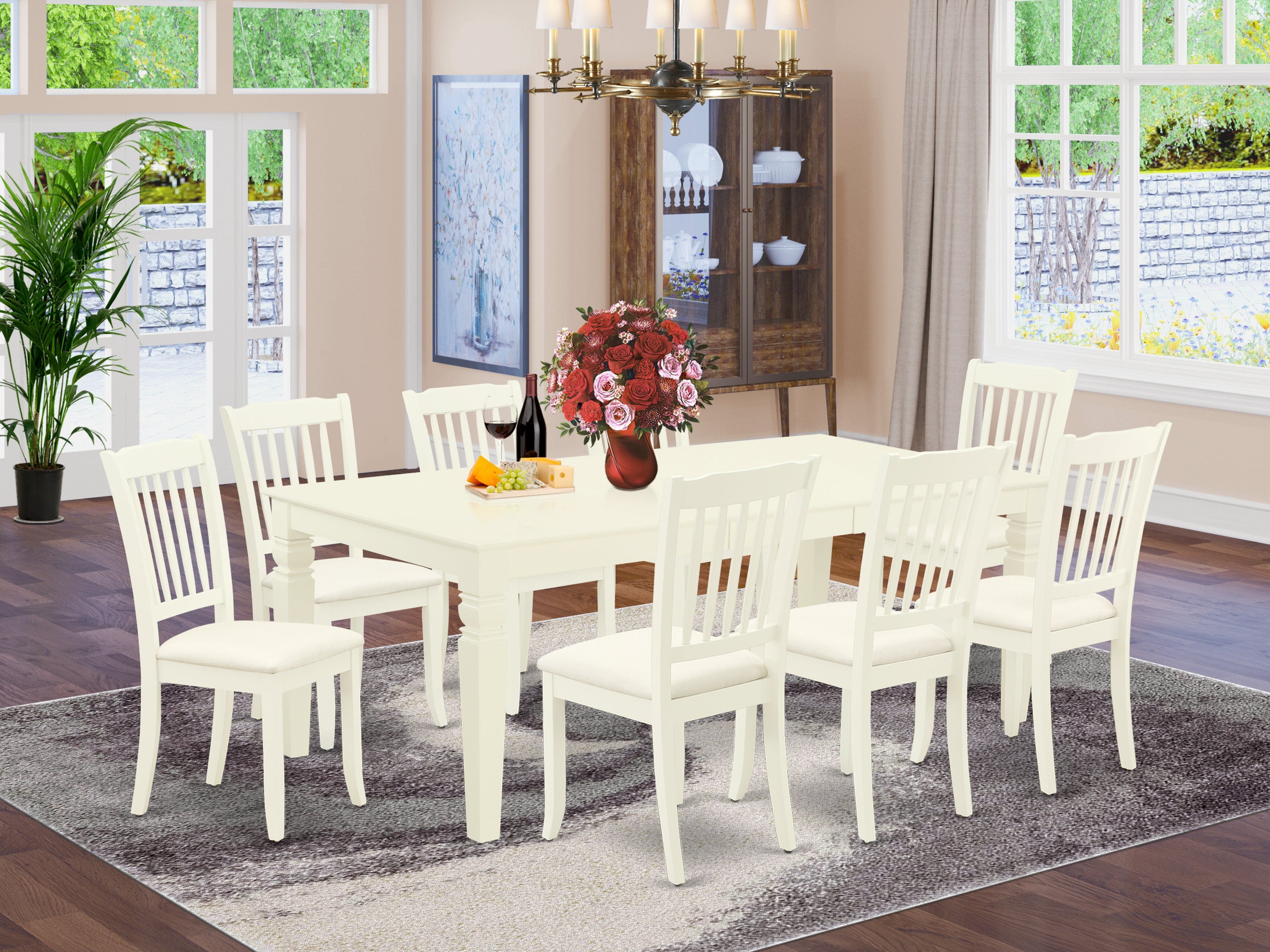LGDA9-LWH-C 9Pc Dining Set Includes a Rectangle Dining Table with Butterfly Leaf and Eight Vertical Slatted Microfiber Seat Kitchen Chairs, Linen White Finish