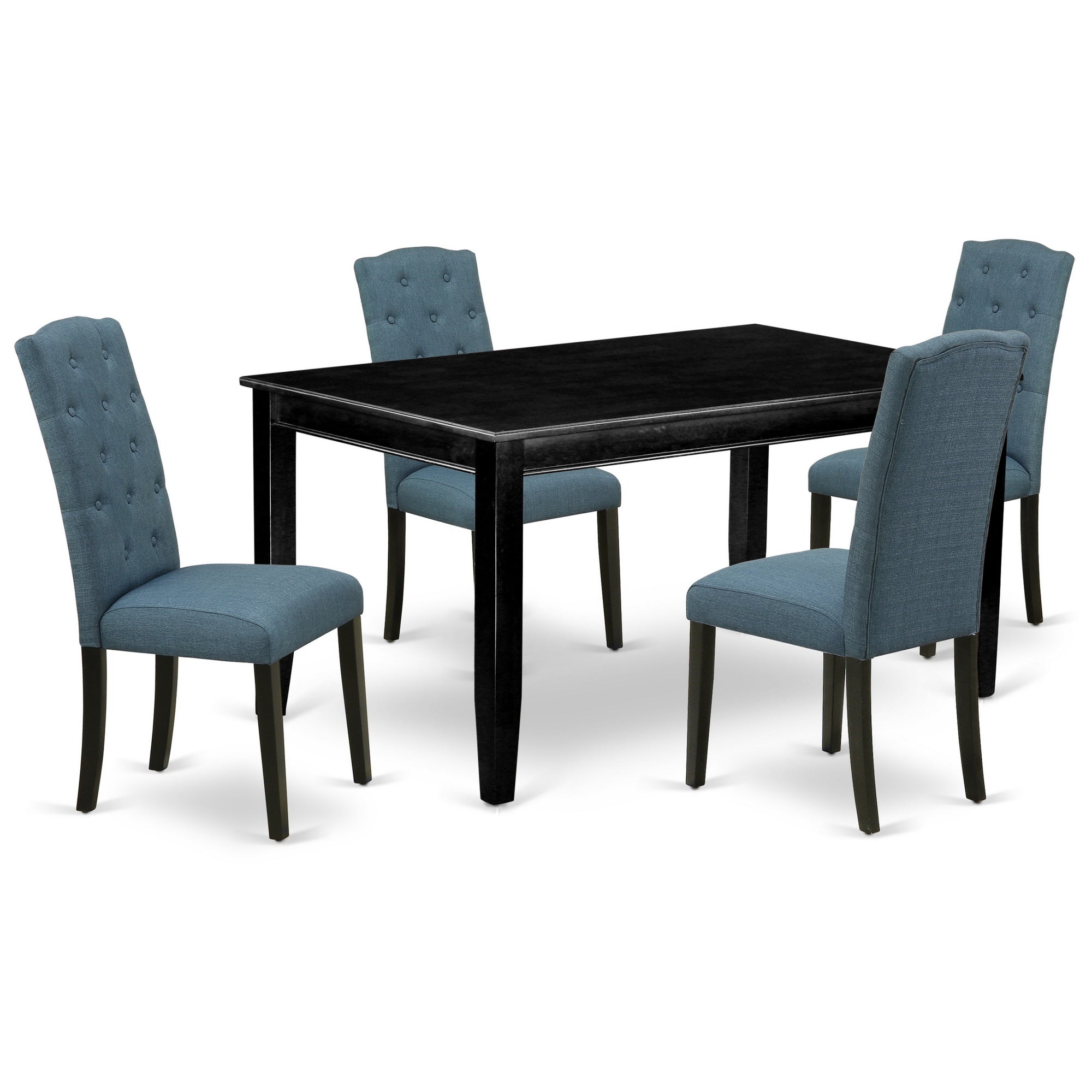 DUCE5-BLK-21 5Pc Dining Set Includes a Rectangle Dining Table and Four Parson Chairs with Blue Fabric, Black Finish