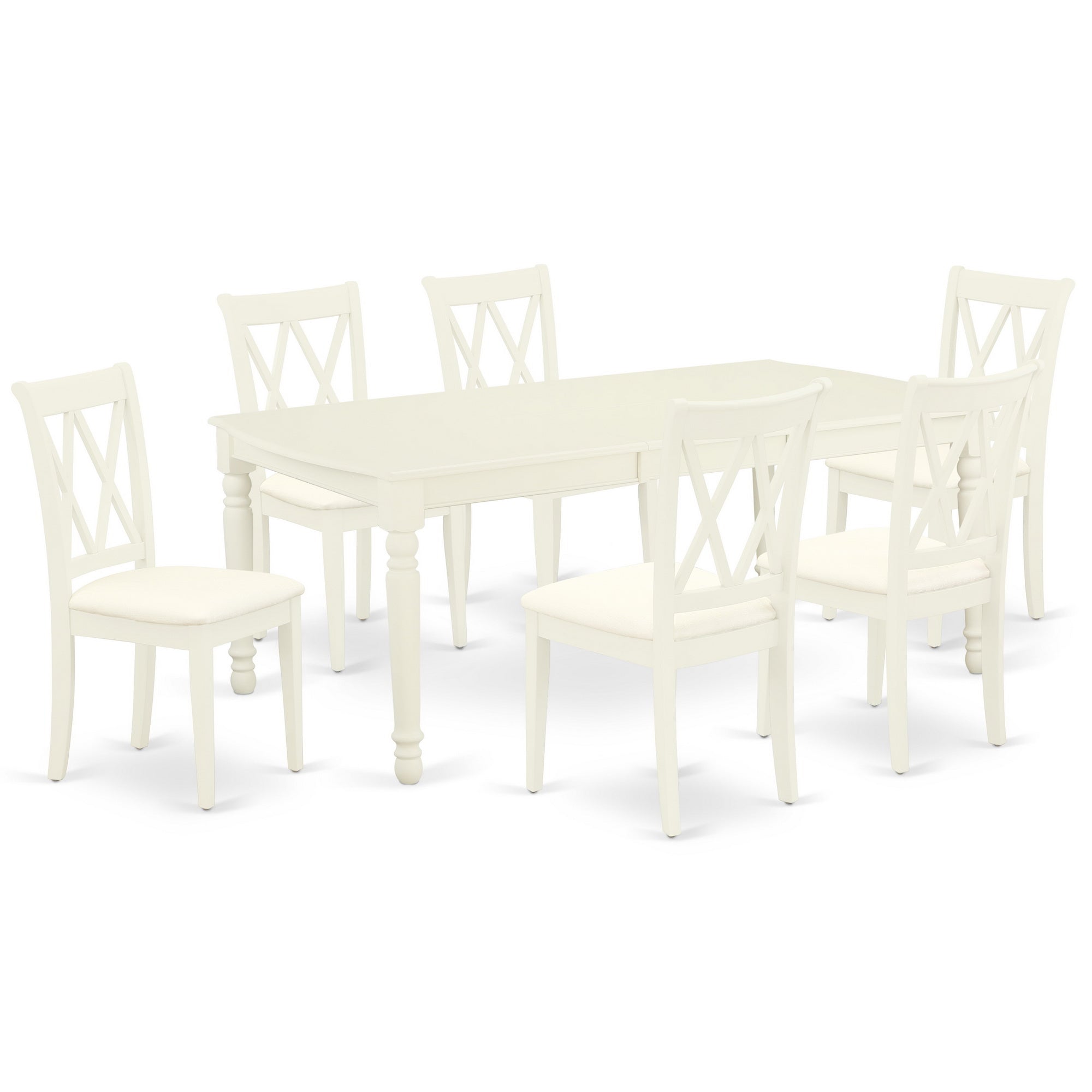 DOCL7-LWH-C 7Pc Dinette Set Includes a Rectangular Kitchen Table with Butterfly Leaf and Six Double X Back Microfiber Seat Dining Chairs, Linen White Finish