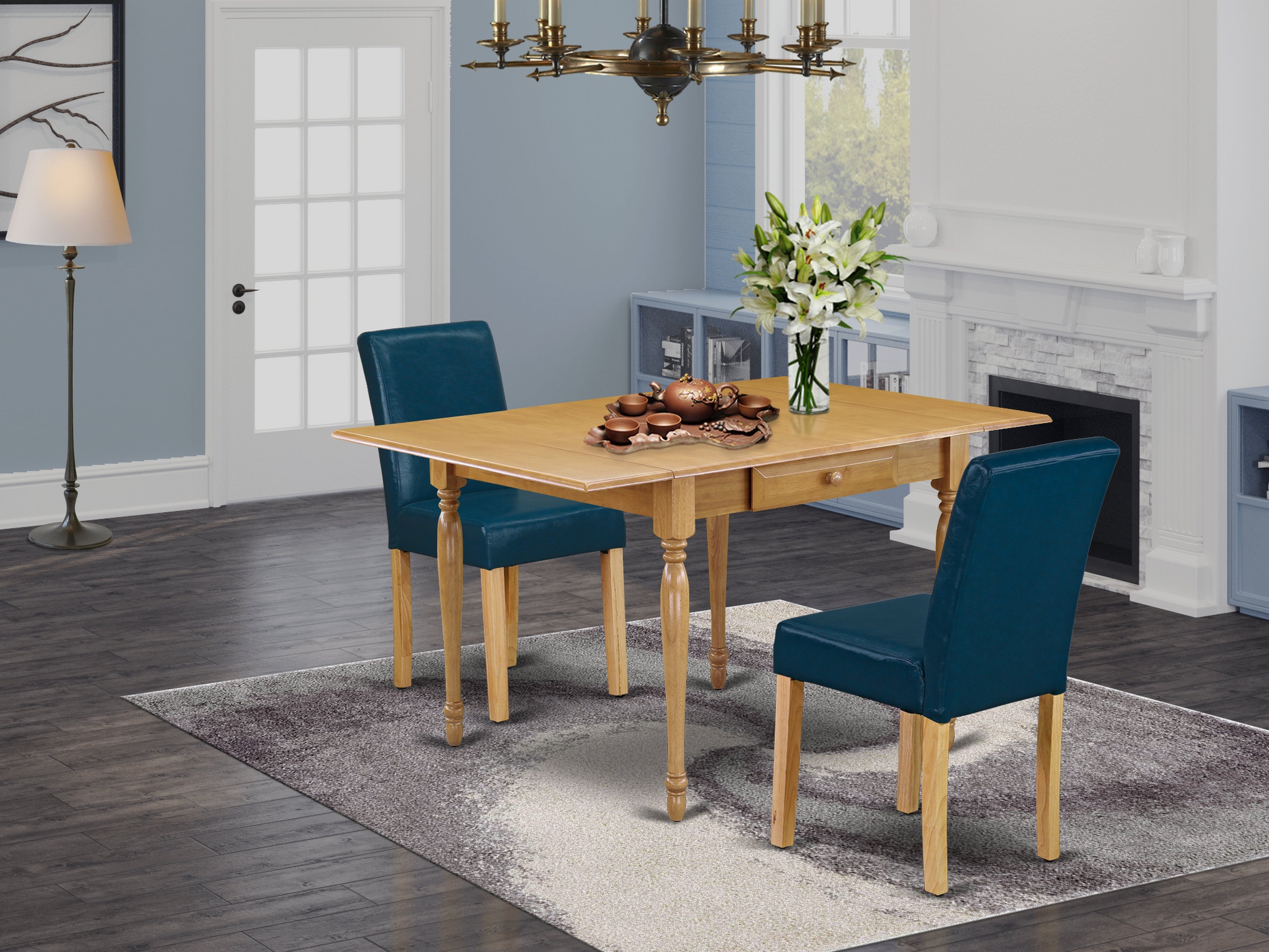 East West Furniture MZAB3-OAK-55 3Pc Kitchen Table Set Consists of a Kitchen Table and 2 Parsons Dining Room Chairs with Oasis Color PU Leather, Drop Leaf Table with Full Back Chairs, Oak Finish