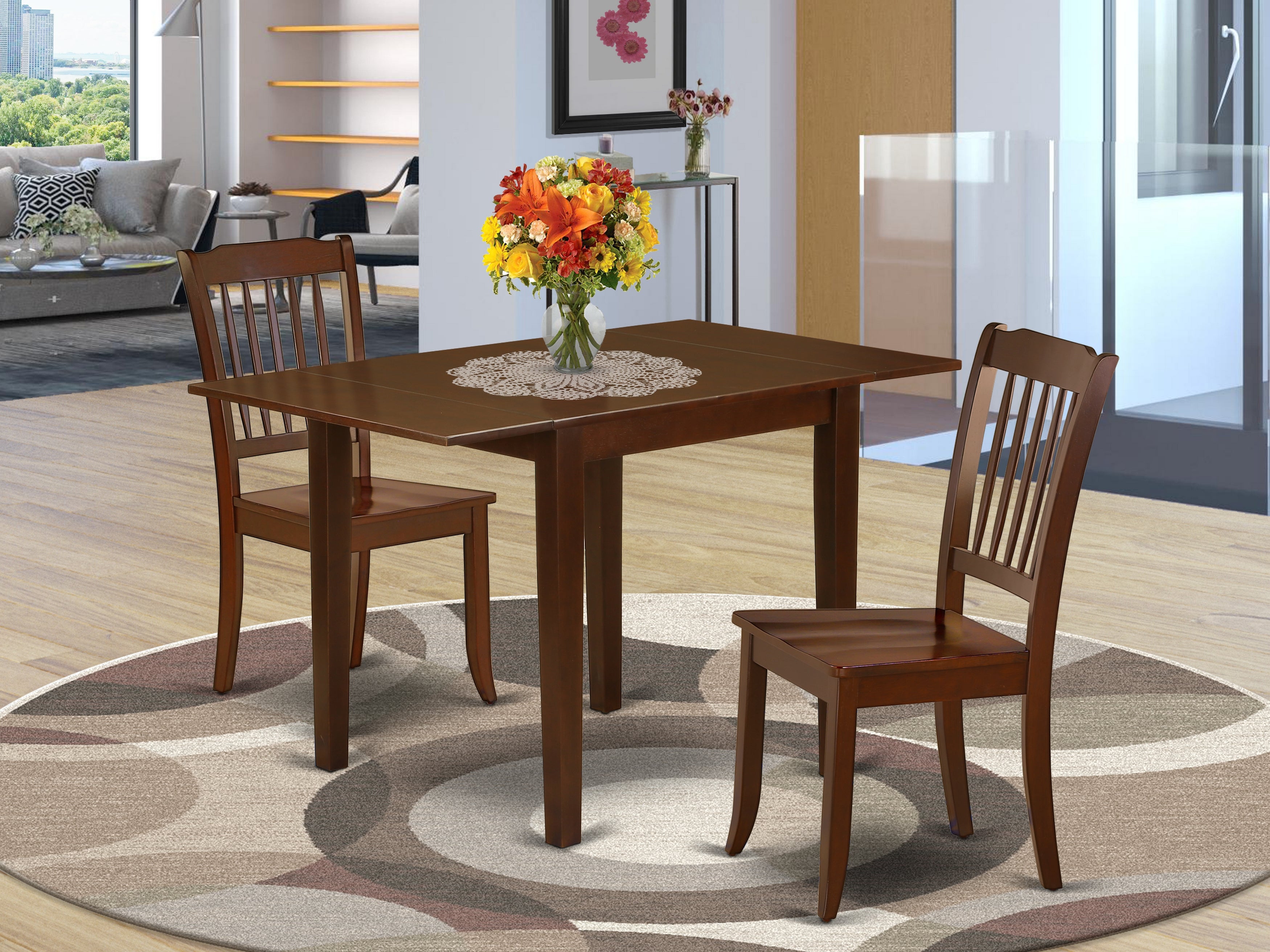 East West Furniture NDDA3-MAH-W Dining Room Table Set 3 Pcs- 2 Wonderful Kitchen Dining Chairs and a Fantastic Kitchen Table - Mahogany Finish Hardwood Chair Seat and Table Top - Mahogany Finish Hardwood Structure.