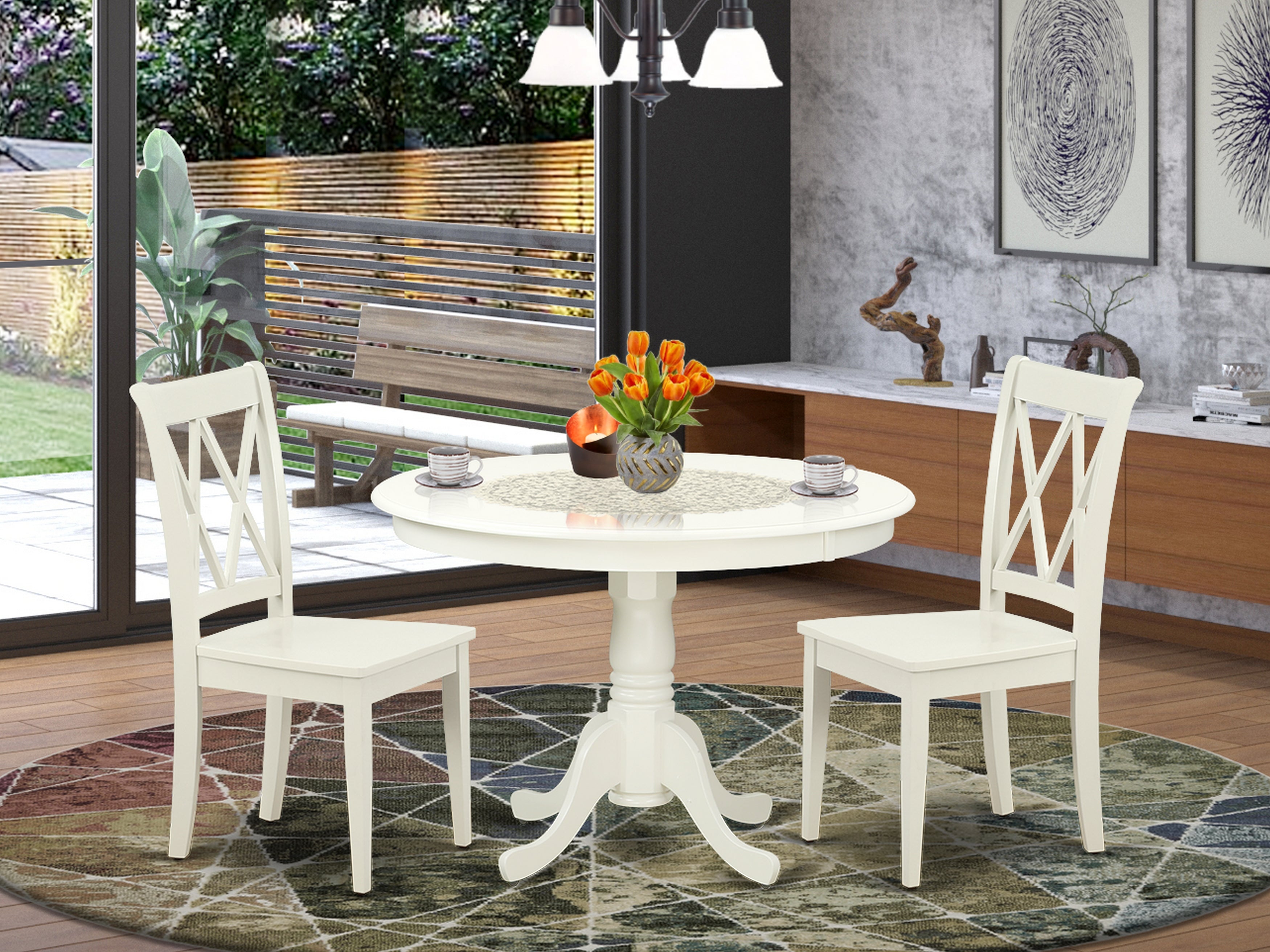 HLCL3-LWH-W 3PC Round 42 inch Table and 2 Double X back Chairs