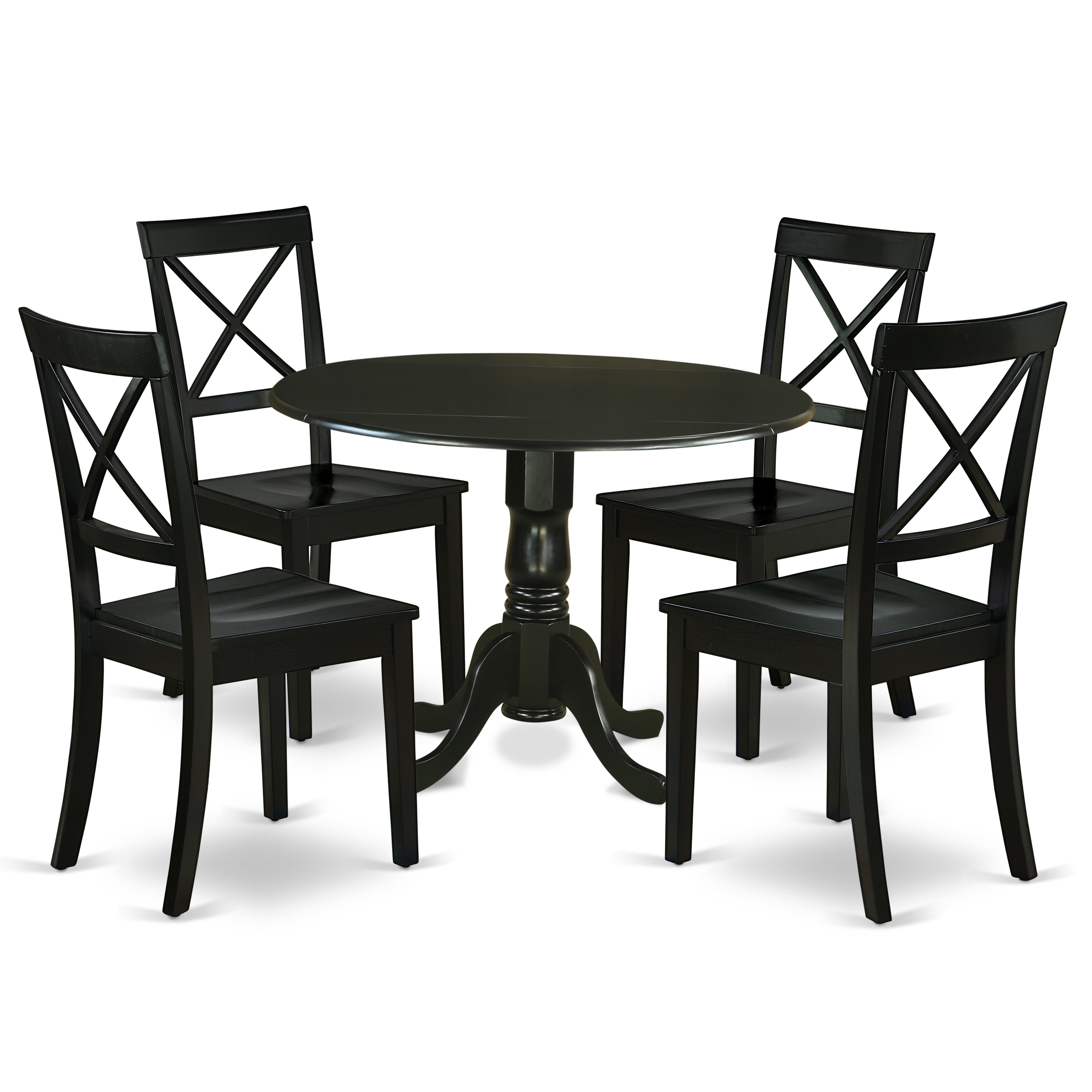 DLBO5-BLK-W 5Pc Rounded 42" Table With Two 9-Inch Drop Leaves And Four Wood Seat Dining Chairs