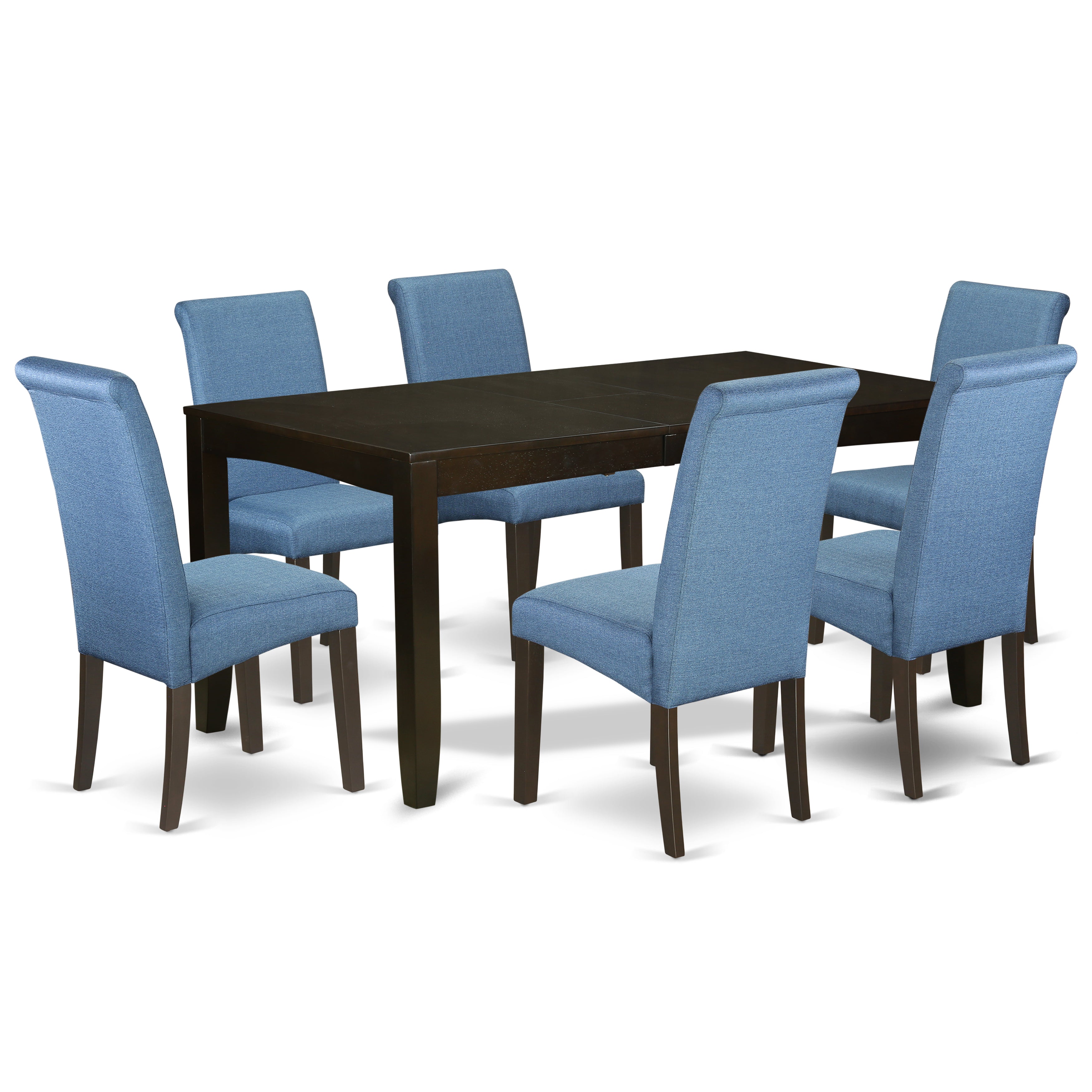LYBA7-CAP-21 7Pc Kitchen table with linen Blue fabric Parson chairs with cappuccino chair legs