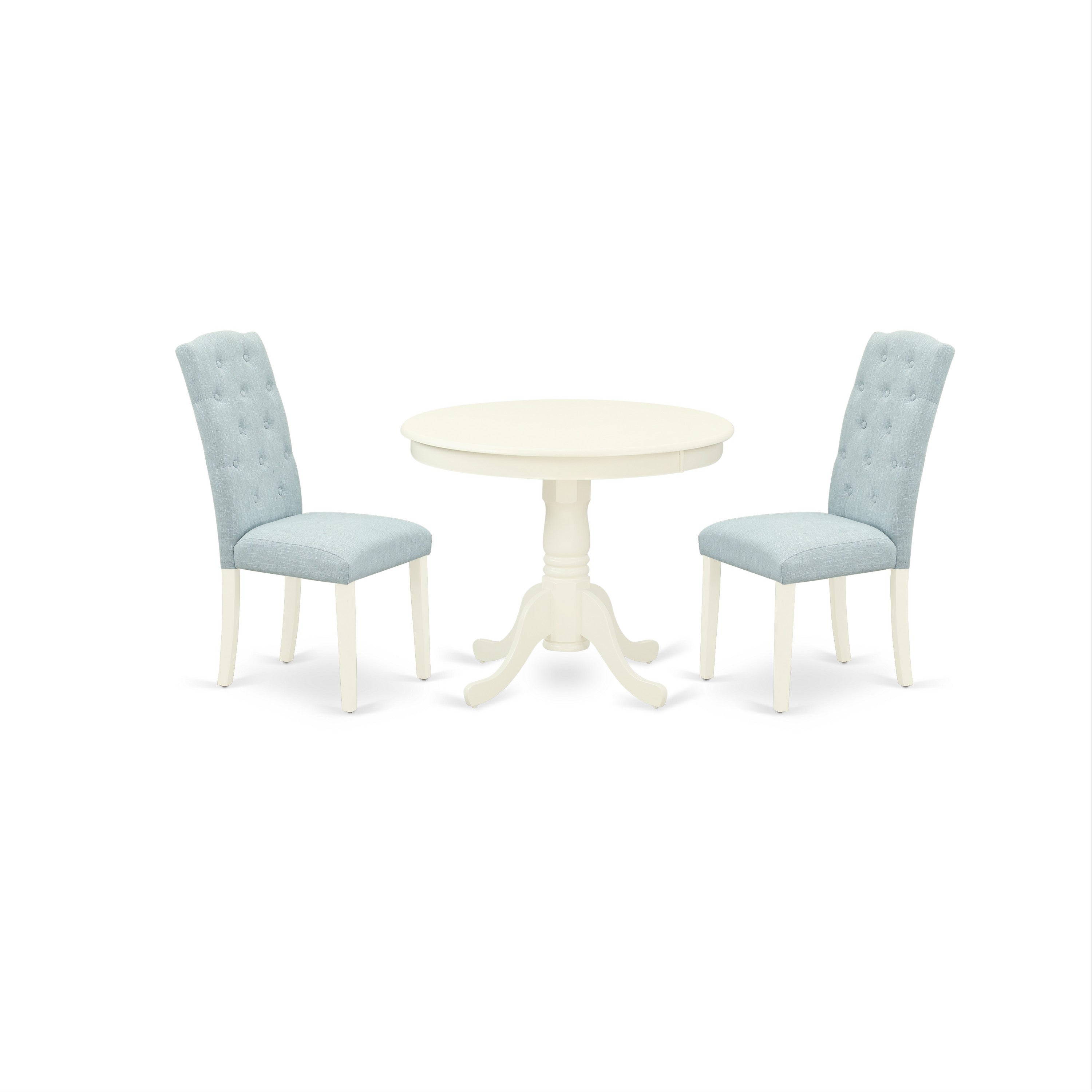 ANCE3-LWH-15 3Pc Dinette Set Includes a Small Rounded Kitchen Table and Two Parson Chairs with Baby Blue Fabric, Linen White Finish