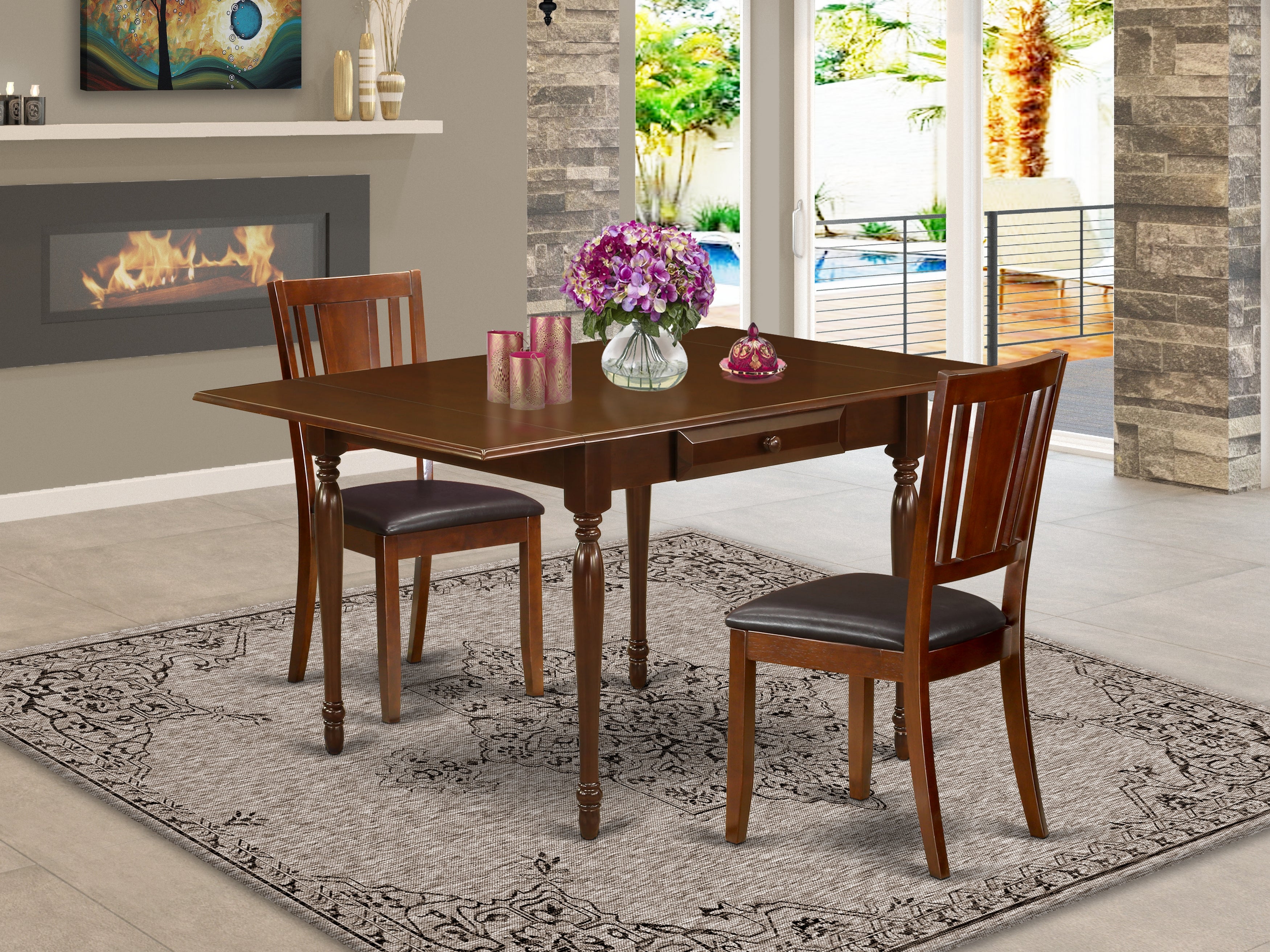 East West Furniture MZDU3-MAH-LC 3Pc Dining Table Set Contains a Dining Room Table and 2 Dining Chairs with Faux Leather Seat, Drop Leaf Table with Panel Back Chairs, Mahogany Finish