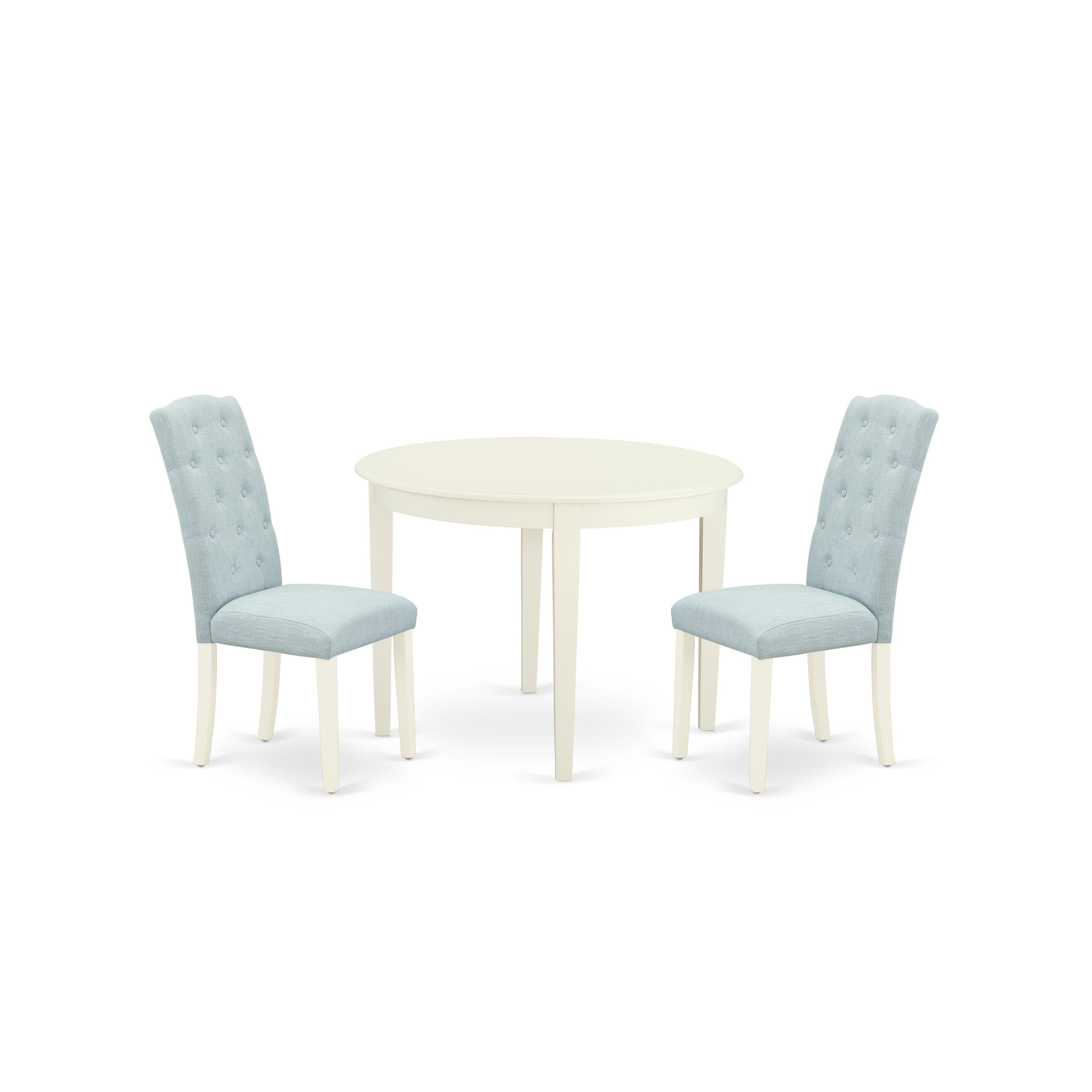 BOCE3-WHI-15 3Pc Dinette Set Includes a Small Rounded Kitchen Table and Two Parson Chairs with Baby Blue Fabric, White Finish