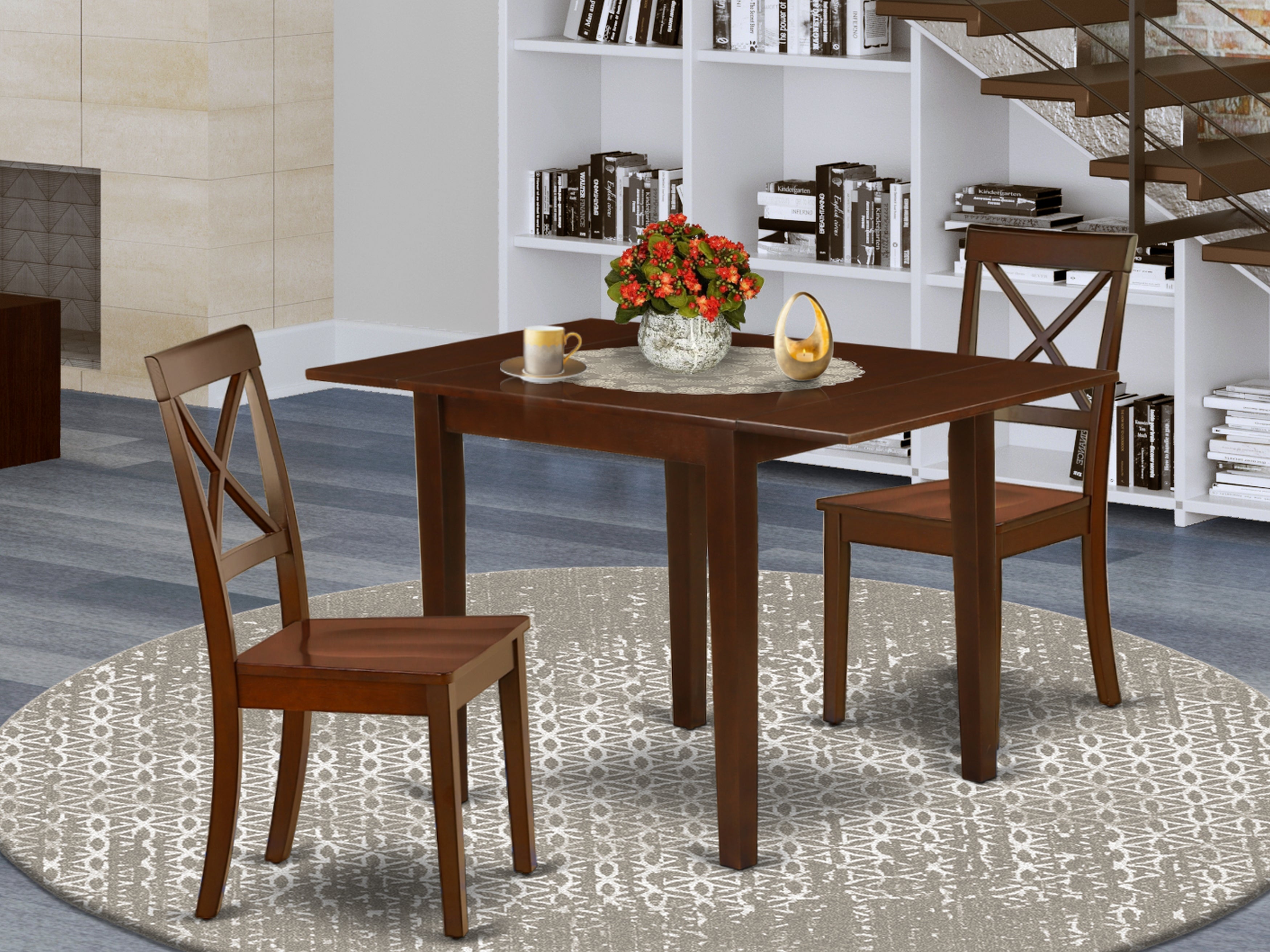 East West Furniture NDBO3-MAH-W Kitchen Table Set 3 Pc- 2 Brilliant Dining Room Chairs and an Eye-catching Dining Table - Mahogany Finish Hardwood Chair Seat - Mahogany Finish Wooden Frame.