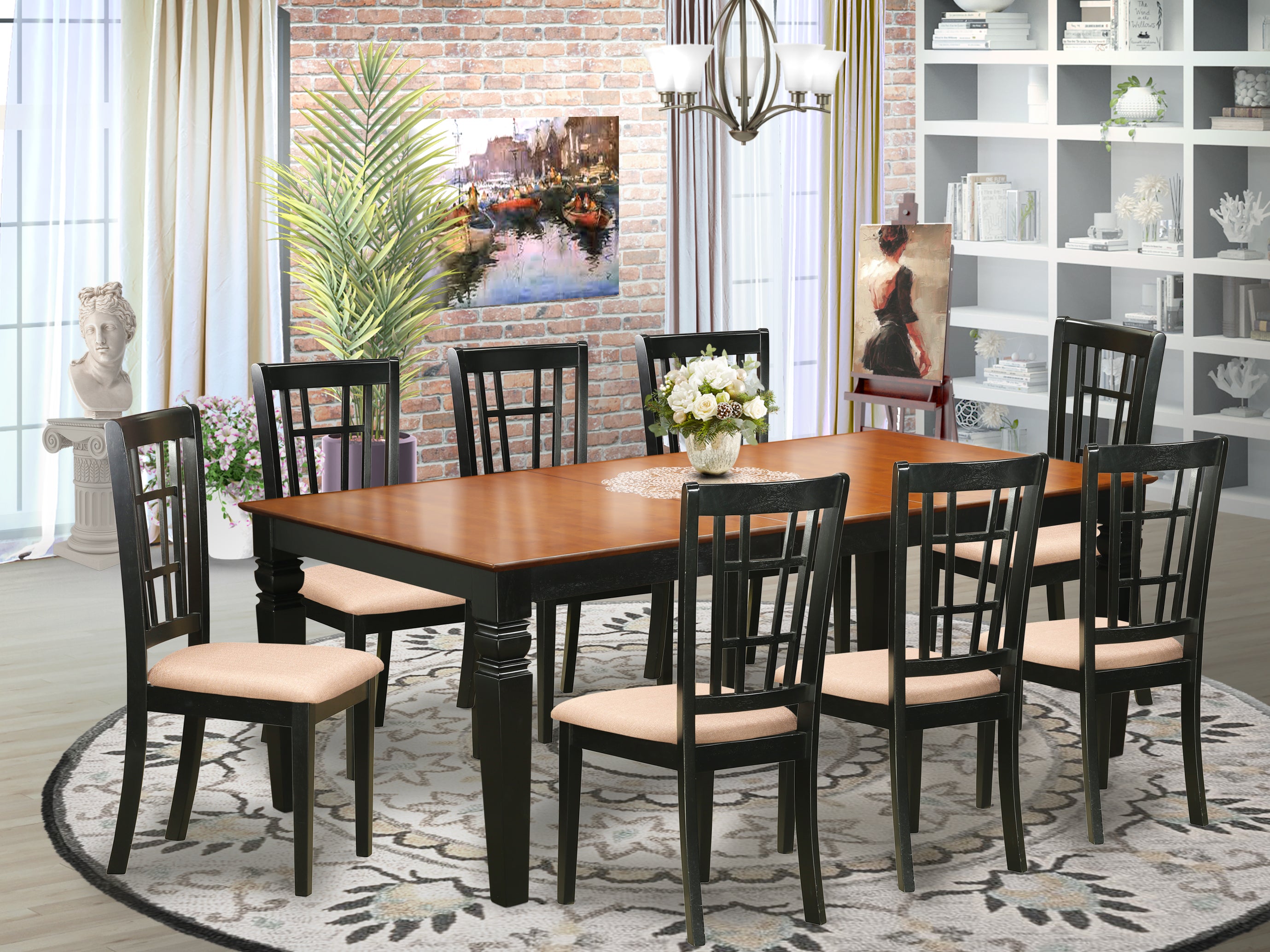 LGNI9-BCH-C 9 PC Kitchen Table set with a Dining Table and 8 Kitchen Chairs in Black and Cherry