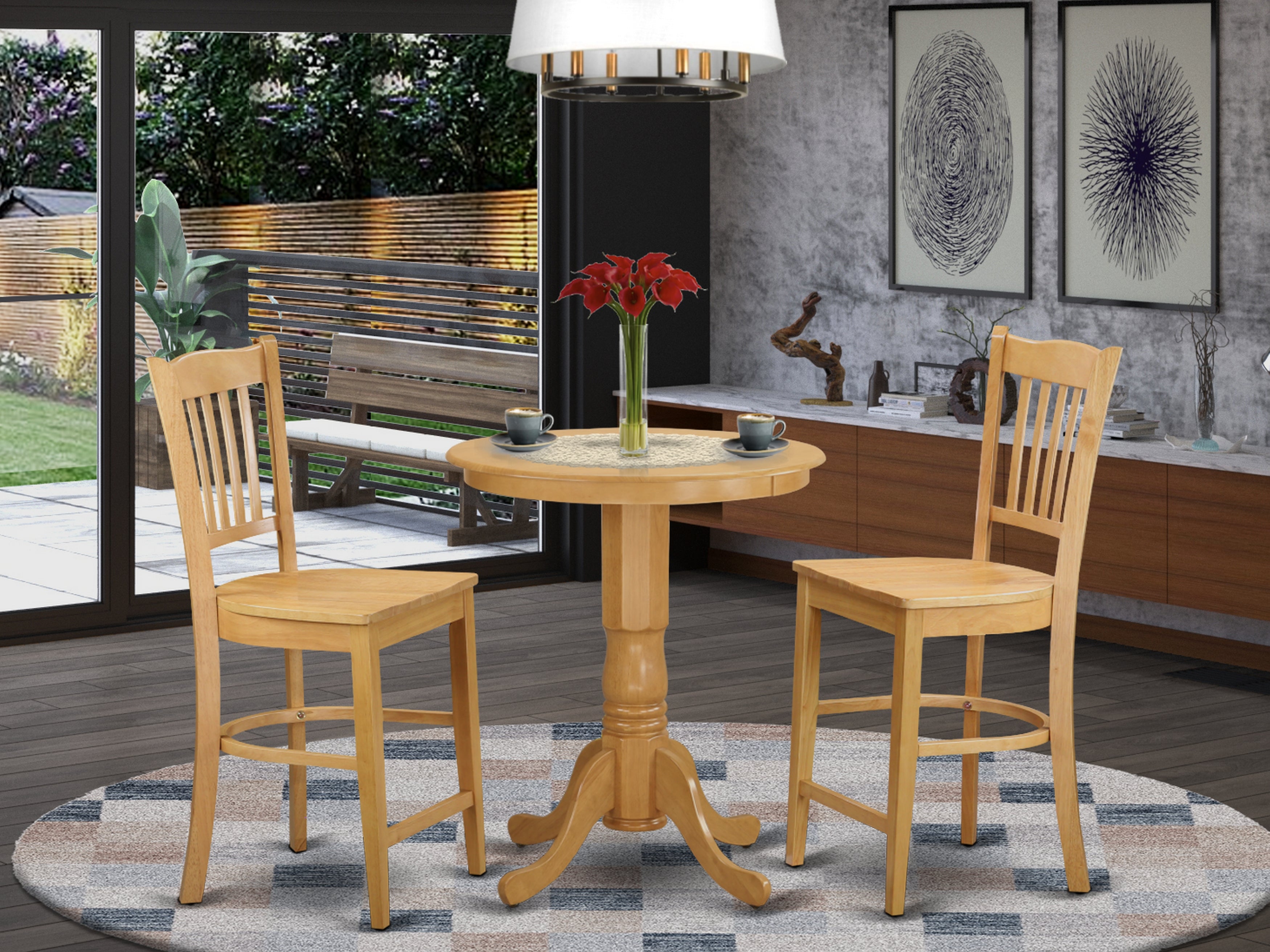EDGR3-OAK-W 3 Pc Dining counter height set - high top Table and 2 dinette Chairs.