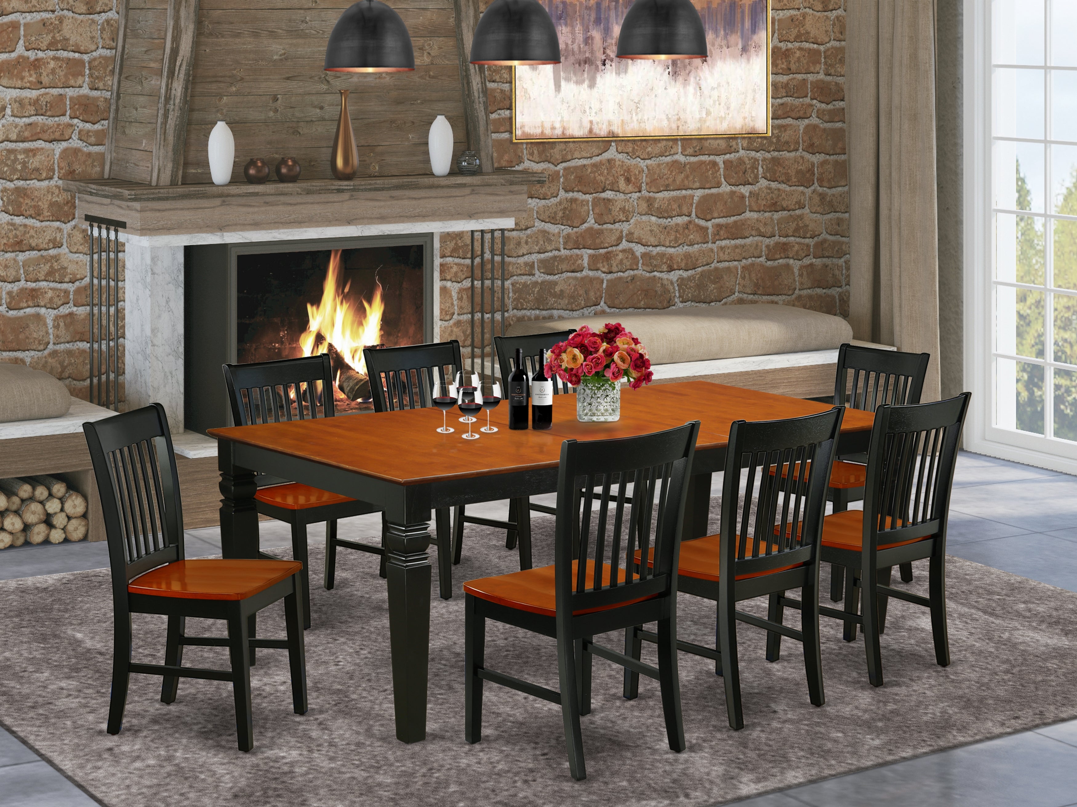 LGNO9-BCH-W 9Pc Rectangular 66/84" Dinner Table With 18 In Self Storing Butterfly Leaf And Eight Wood Seat Kitchen Chairs