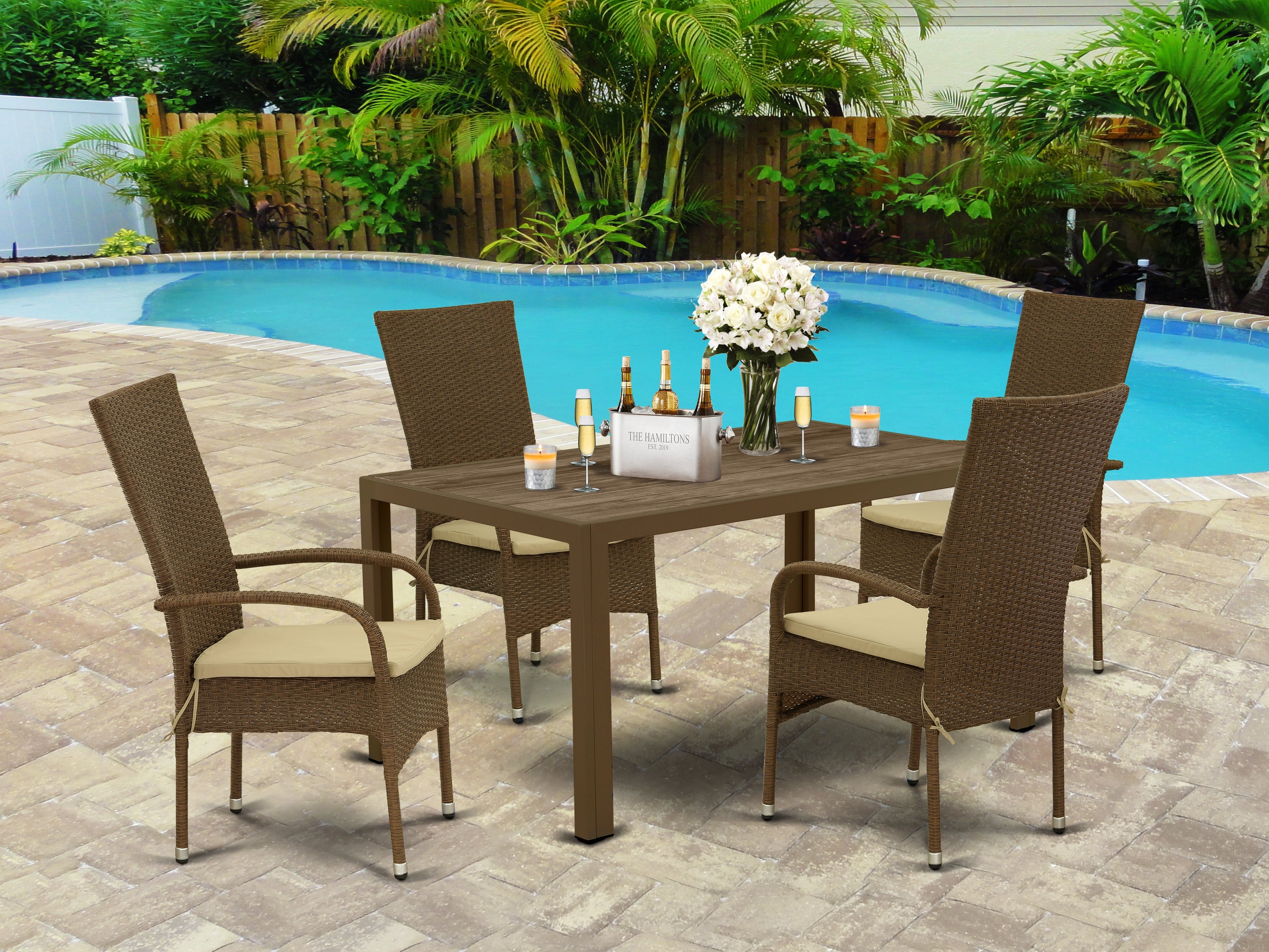 JUOS5-02A 5Pc Outdoor-Furniture Brown Wicker Dining Set Includes a Patio Table and 4 Balcony Backyard Armchair with Linen Fabric Cushion