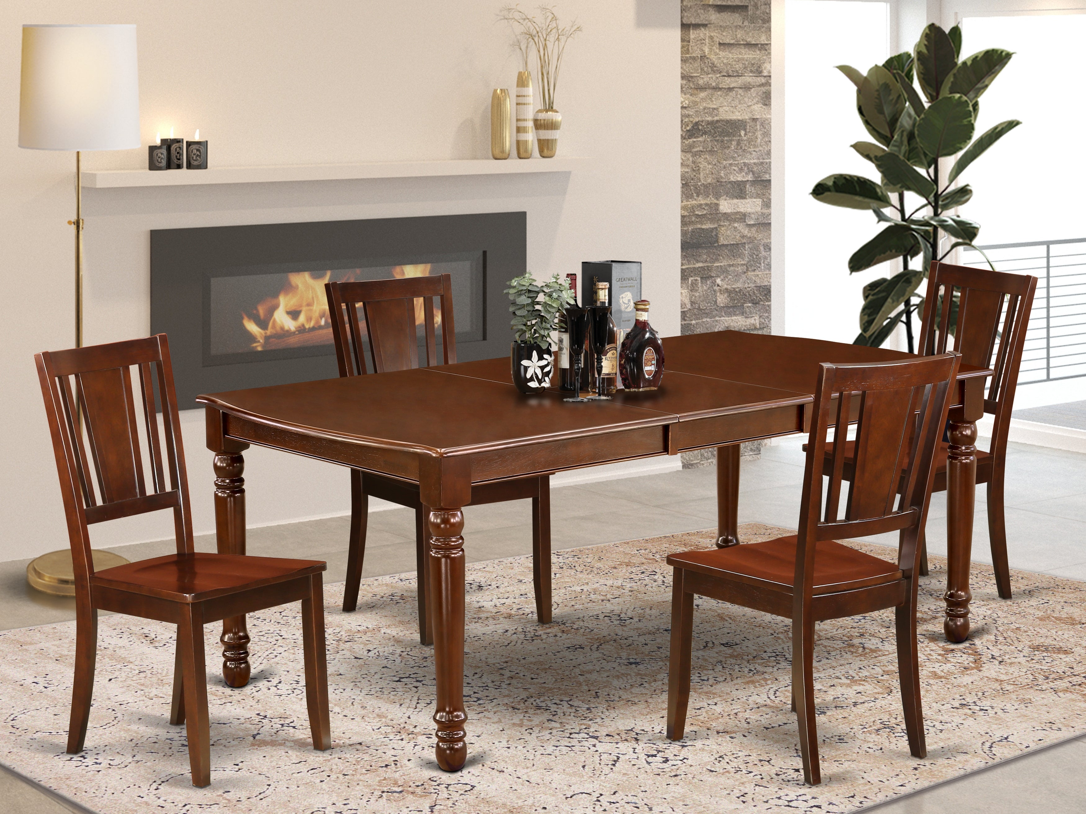 DODU5-MAH-W 5Pc Rectangular 60/78 Inch Dinner Table With 18 In Butterfly Leaf And Four Wood Seat Kitchen Chairs
