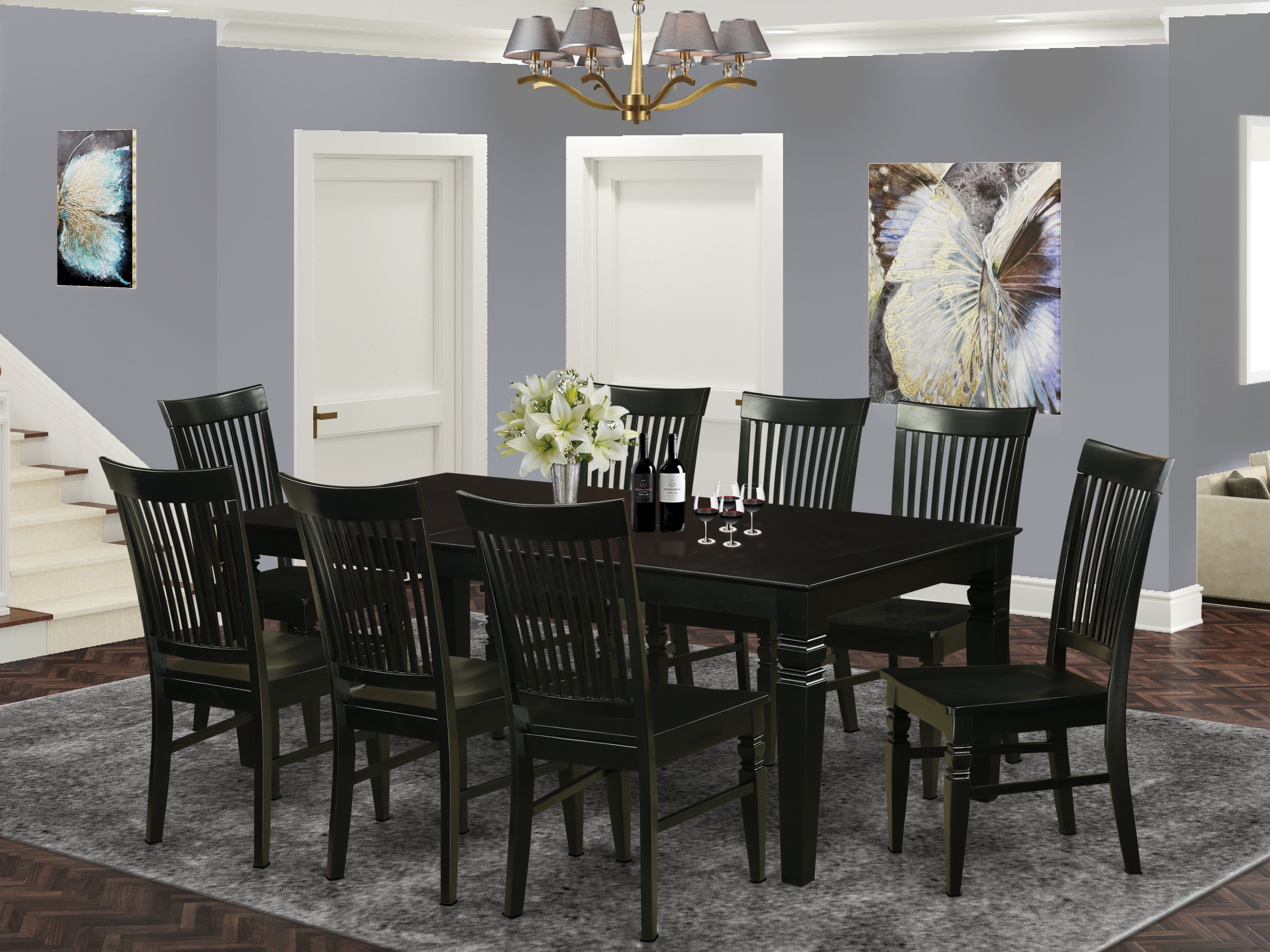 LGWE9-BLK-W 9 Pc Dining set with a Dining Table and 8 Wood Kitchen Chairs in Black