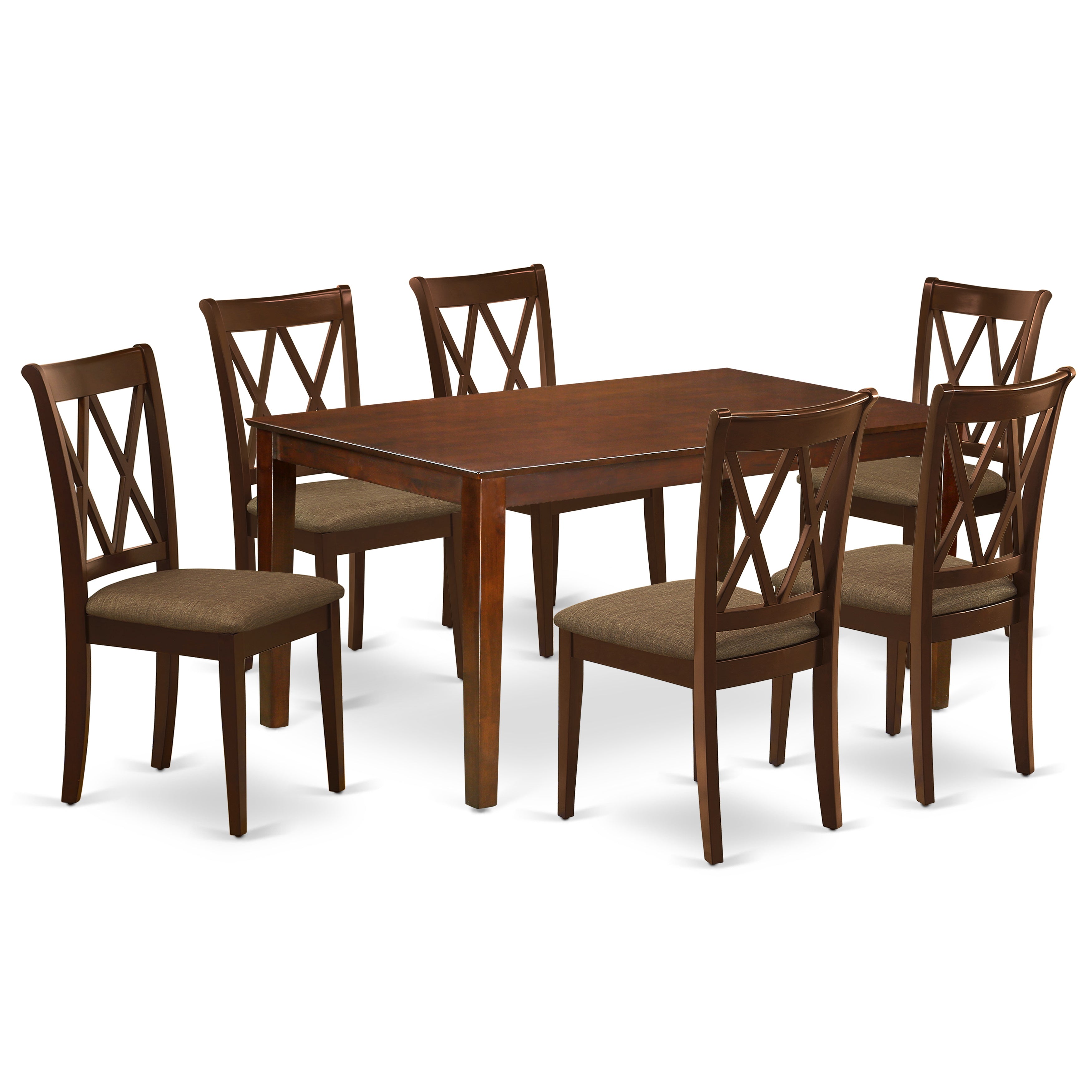 CACL7-MAH-C 7Pc Dinette Set Includes a Rectangular Kitchen Table and Six Double X Back Microfiber Seat Dining Chairs, Mahogany Finish
