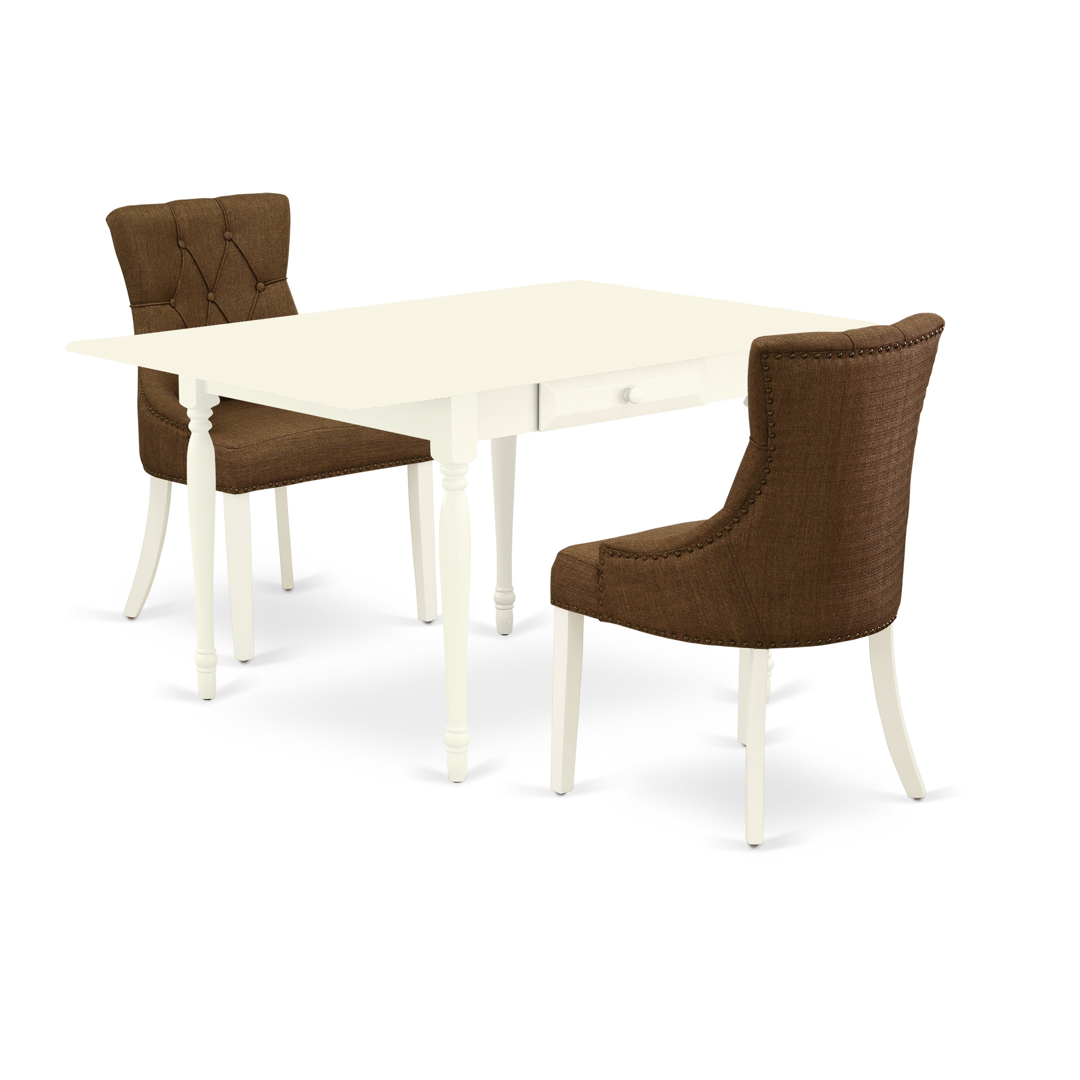 East West Furniture MZFR3-LWH-18 3Pc Dining Table Set Consists of a Dining Table and 2 Parson Chairs with Dark Coffee Color Linen Fabric, Drop Leaf Table with Full Back Chairs, Linen White Finish