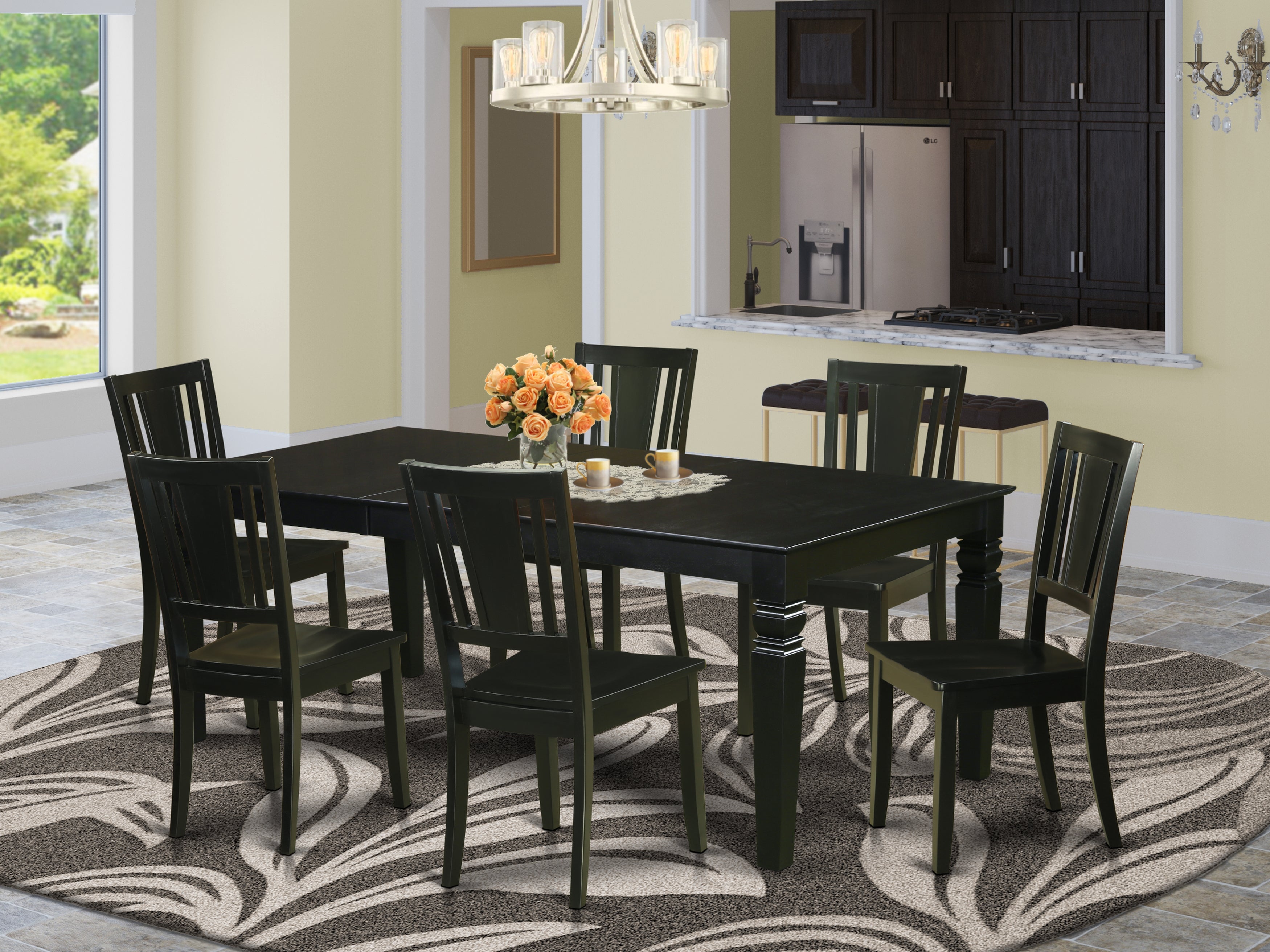 LGDU7-BLK-W 7 Pc Dinette set with a Dining Table and 6 Wood Kitchen Chairs in Black