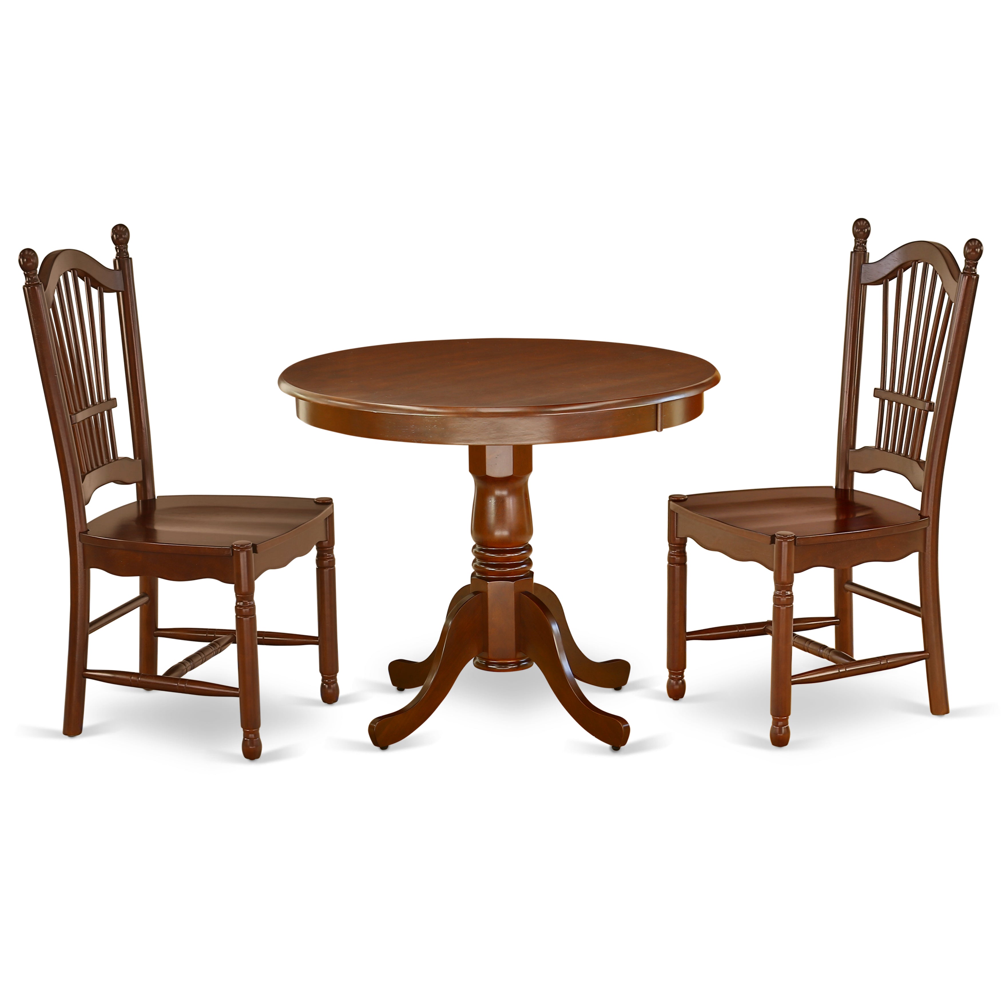 ANDO3-MAH-W 3Pc Rounded 36 Inch Dinner Table And Two Wood Seat Dining Chairs