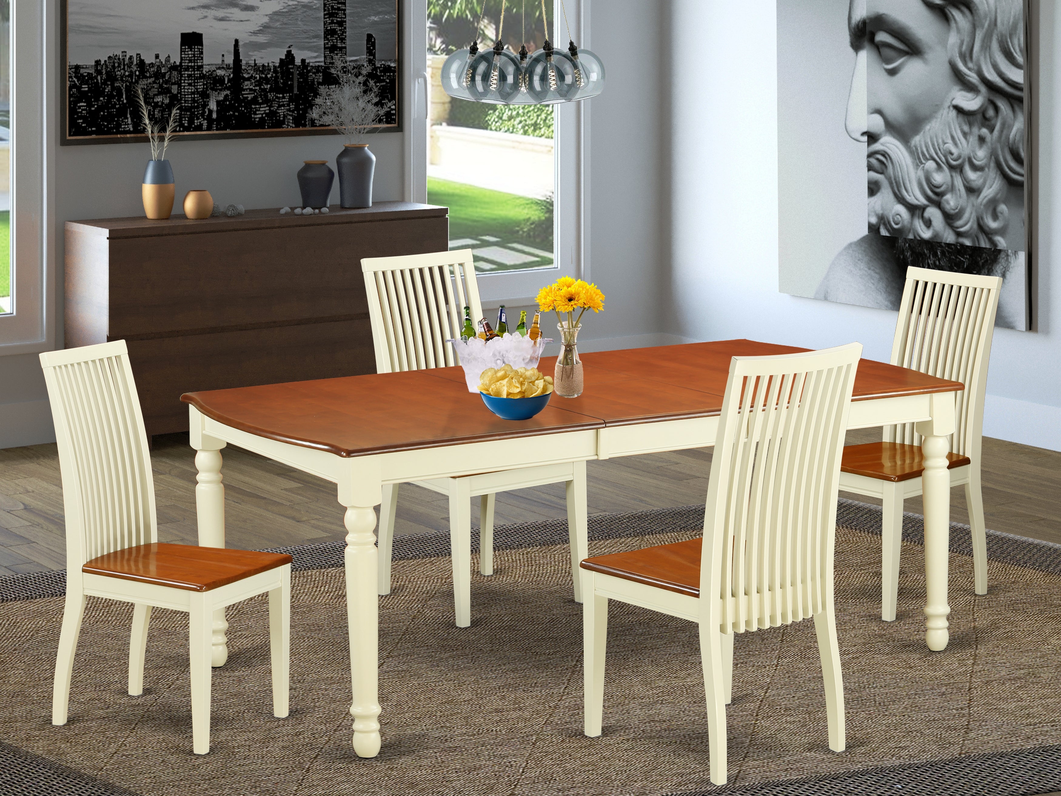 DOIP5-BMK-W 5 PC kitchen tables and chair set with one Dover dining table and 4 kitchen chairs in a Buttermilk and Cherry Finish