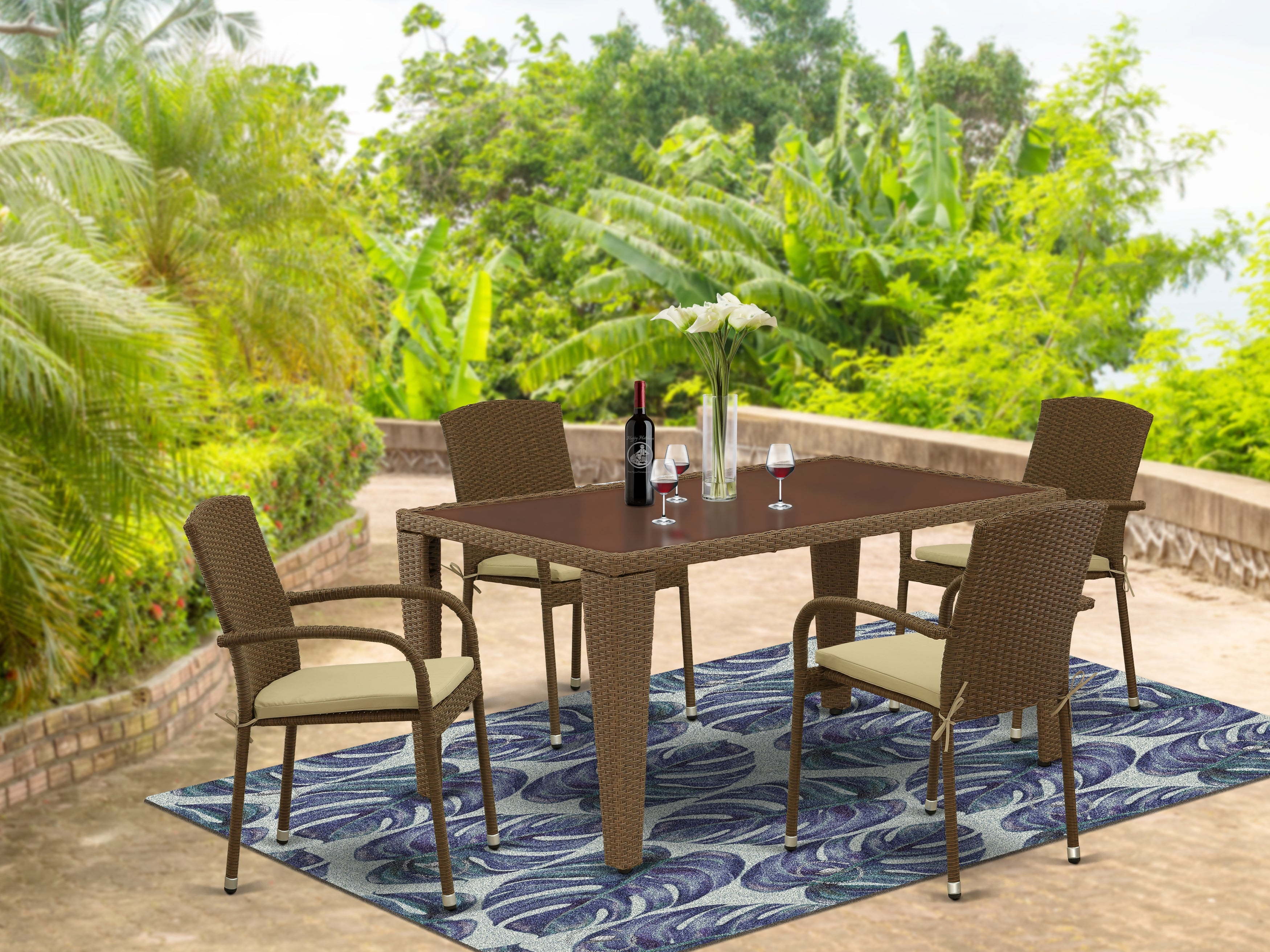 GUJU5-02A 5Pc Outdoor-Furniture Brown Wicker Dining Set Includes a Patio Table and 4 Balcony Backyard Armchair with Linen Fabric Cushion