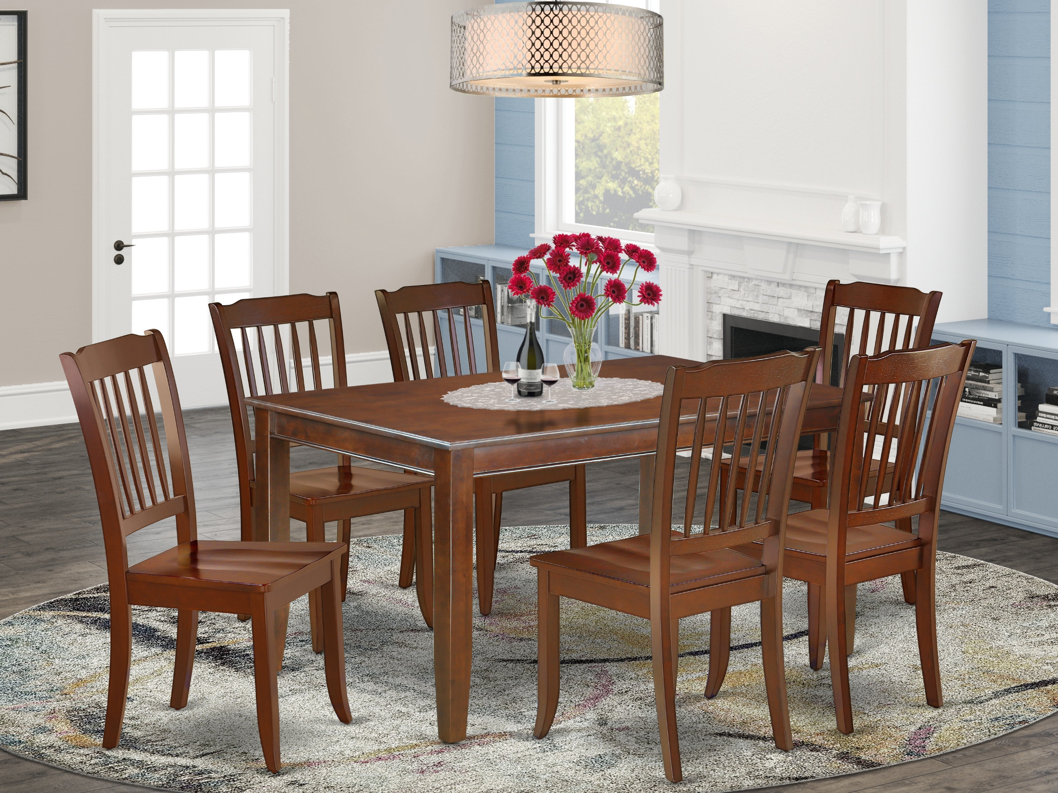 DUDA7-MAH-W 7PC Rectangular 60 inch Table and 6 vertical slatted Chairs