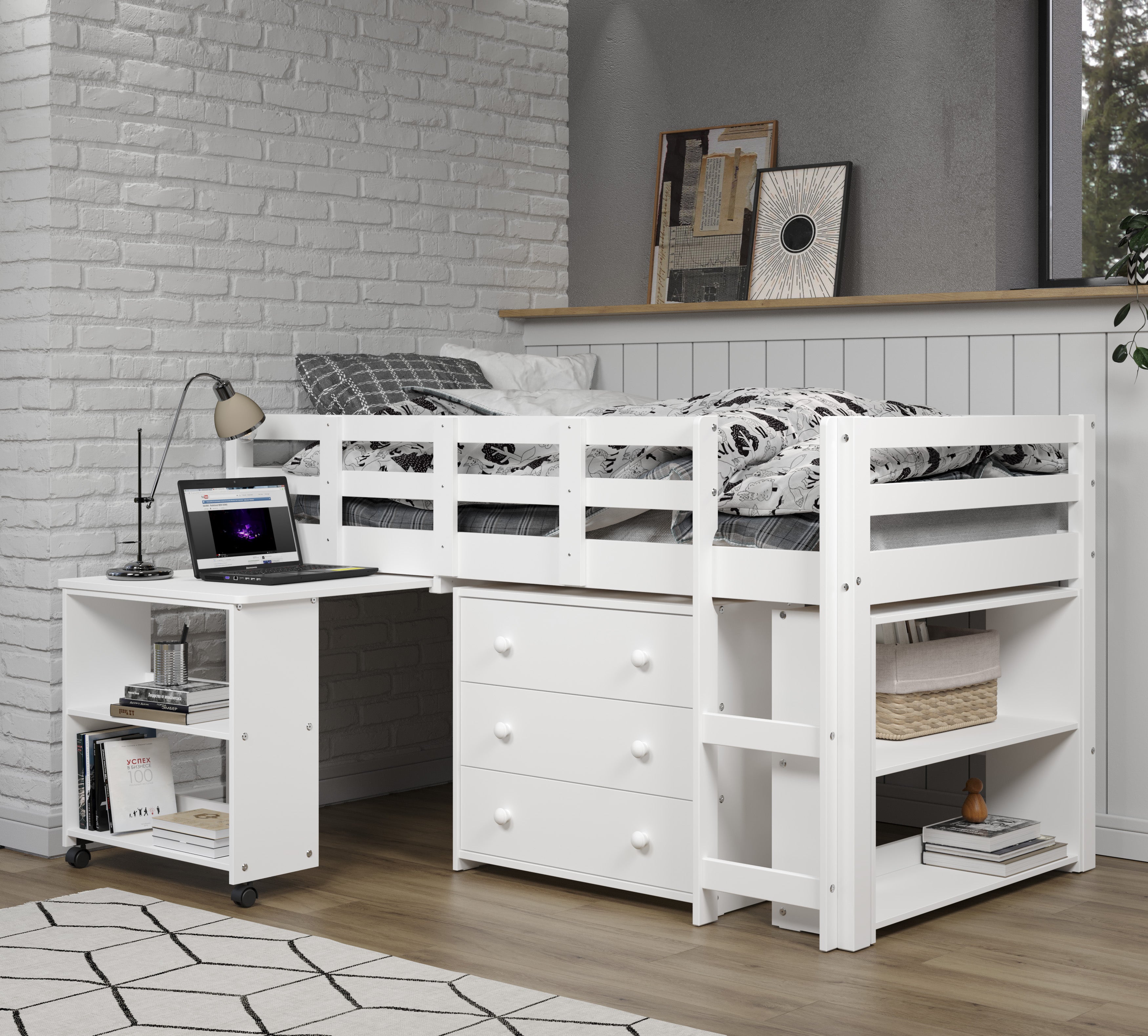Grey Solid Wood Twin Kids Low Loft Bed frame With Rolling Desk, Drawers And Shelves