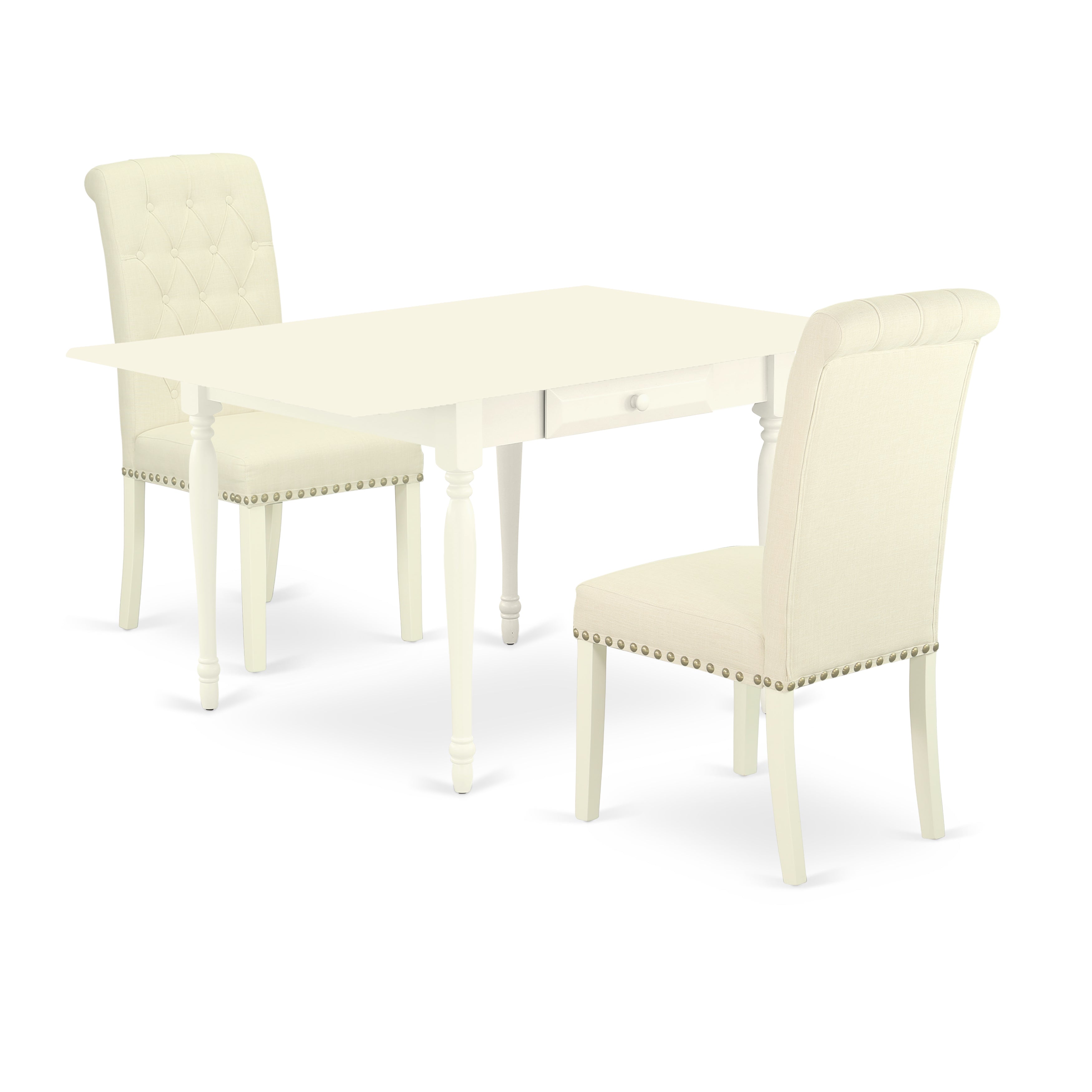 East West Furniture MZBR3-LWH-02 3Pc Dining Table Set Contains a Kitchen Table and 2 Parsons Chairs with Light Beige Color Linen Fabric, Drop Leaf Table with Full Back Chairs, Linen White Finish