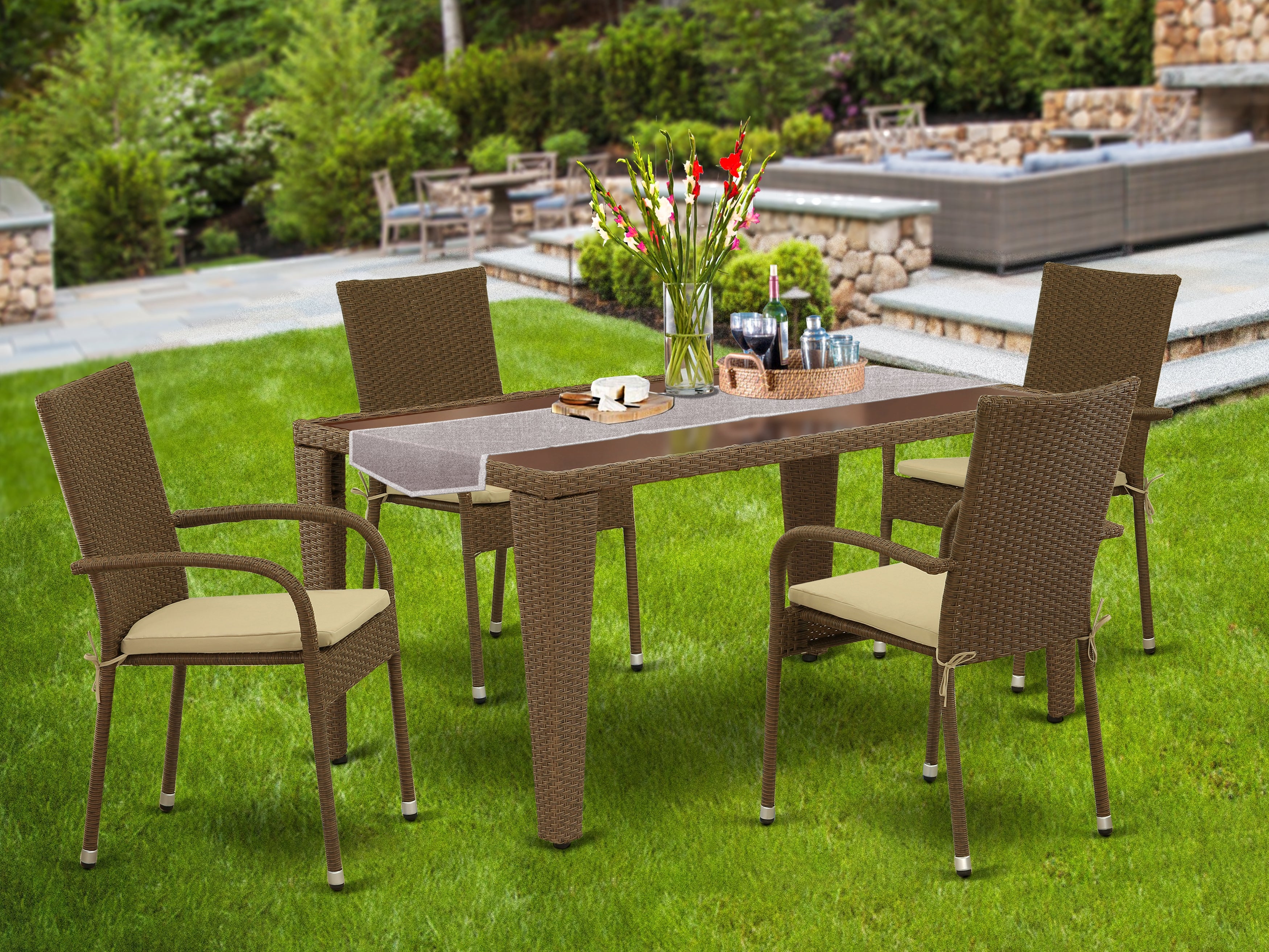 GUGU5-02A 5Pc Outdoor-Furniture Brown Wicker Dining Set Includes a Patio Table and 4 Balcony Backyard Armchair with Linen Fabric Cushion