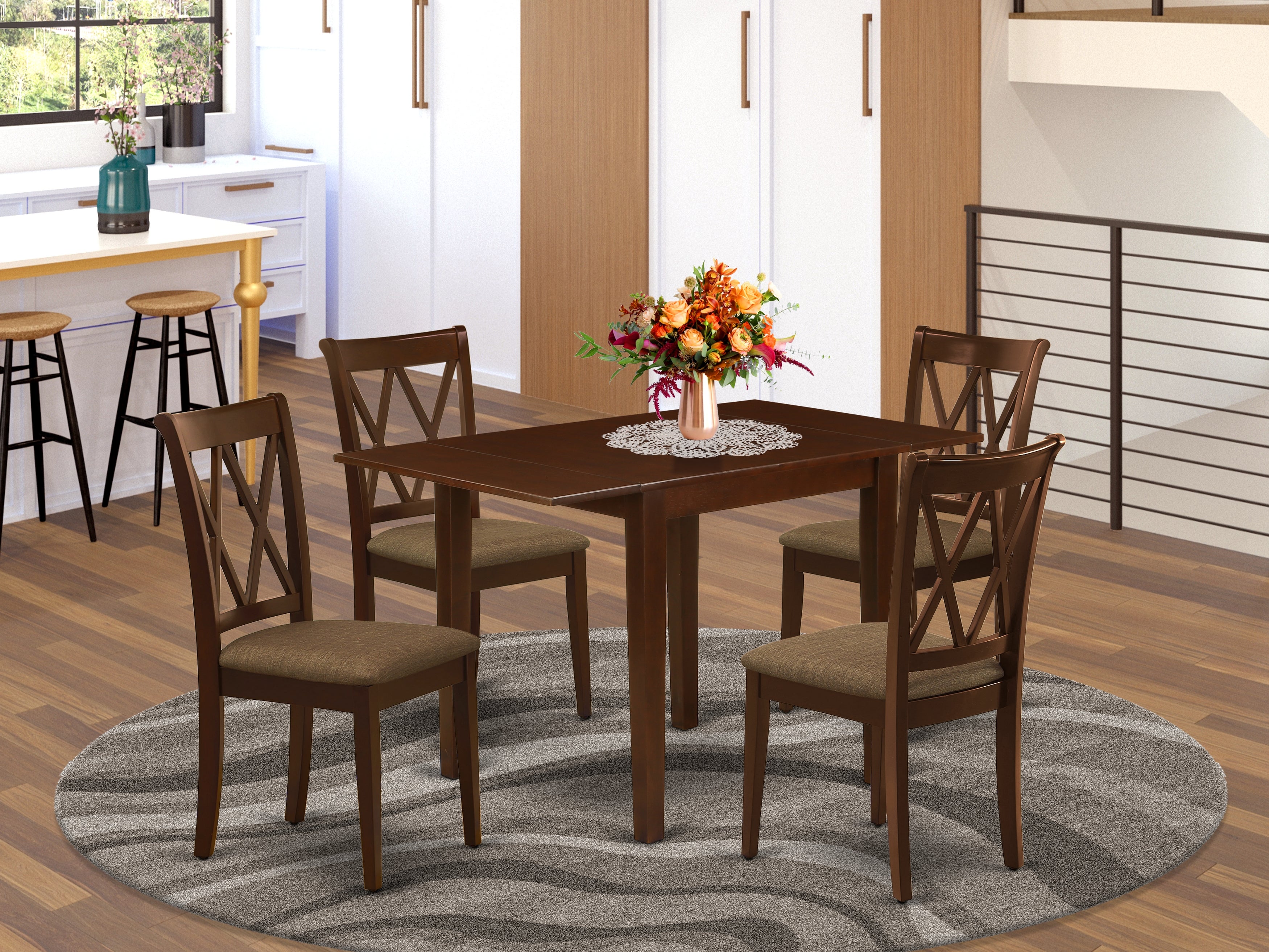 East West Furniture NDCL5-MAH-C Dining Room Table Set for 5- 4 Wonderful Wood Dining Chairs - an Eye-catching Wooden Dining Table - Mahogany Color Microfiber - Mahogany Finish Wooden Structure